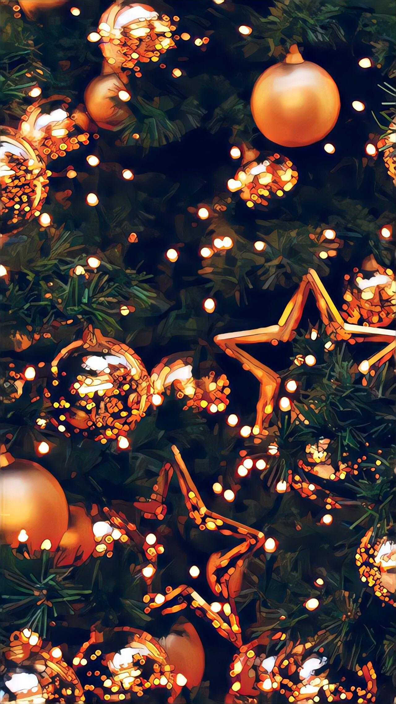 IPhone wallpaper of a close up of a Christmas tree with gold ornaments and lights. - Christmas lights