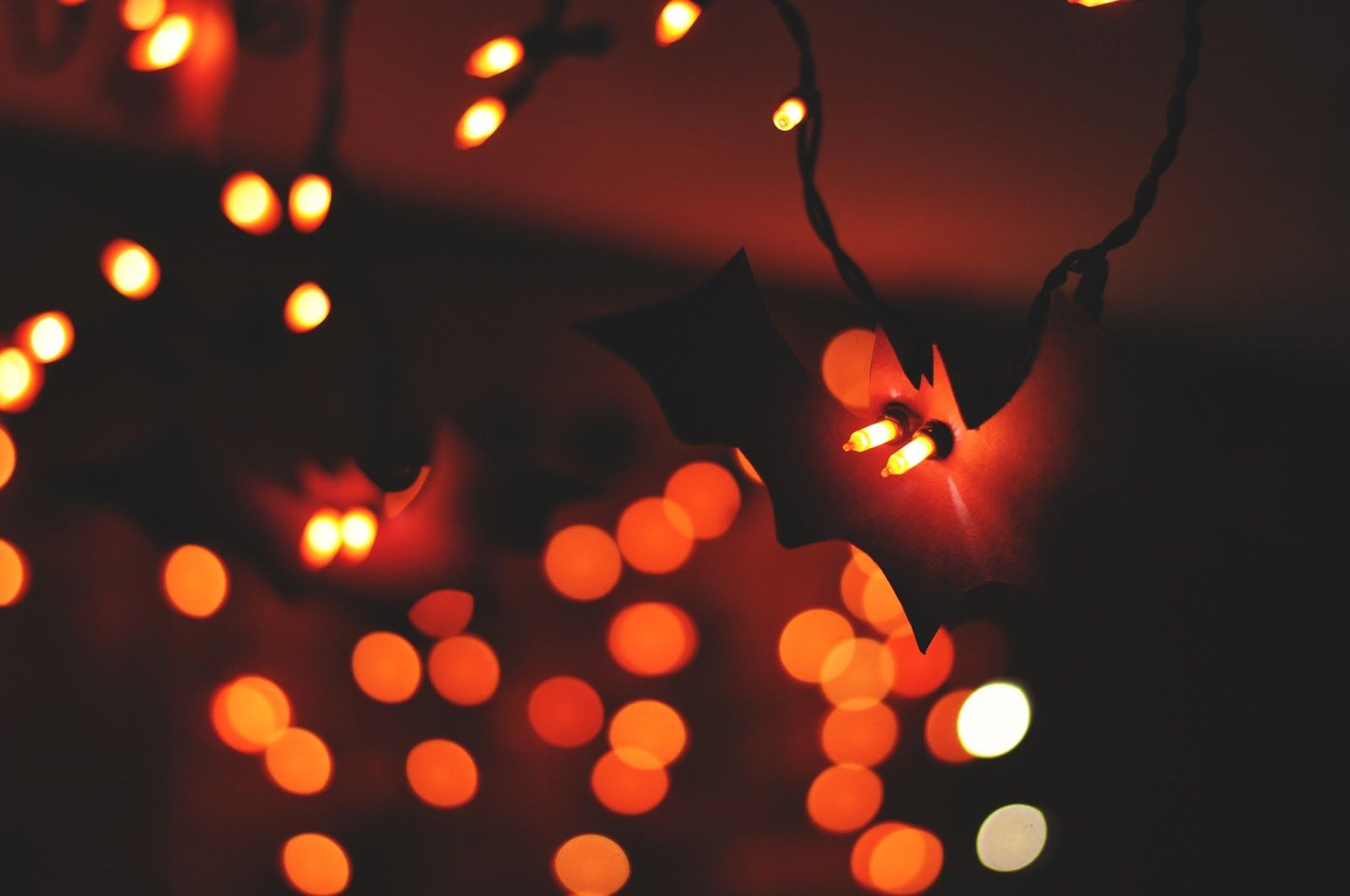 A string of orange fairy lights with two paper bats in the middle. - Fairy lights