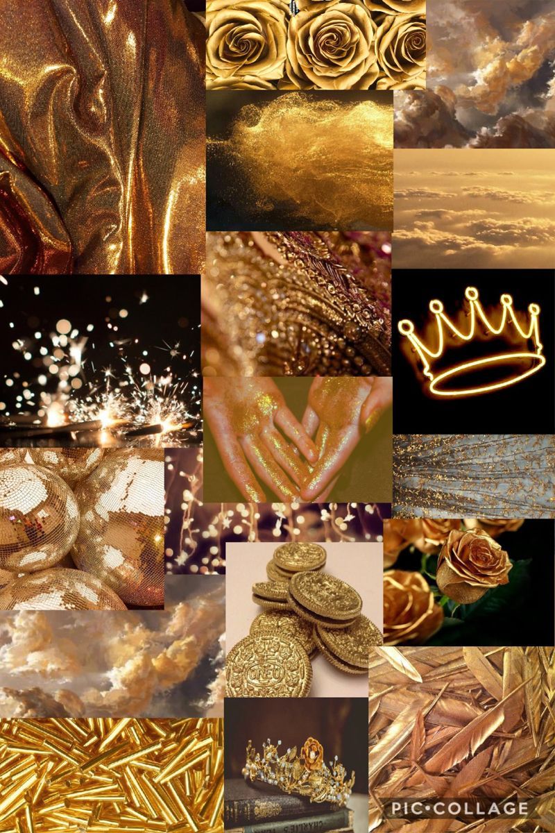 A collage of gold images including a crown, money, and fireworks. - Gold