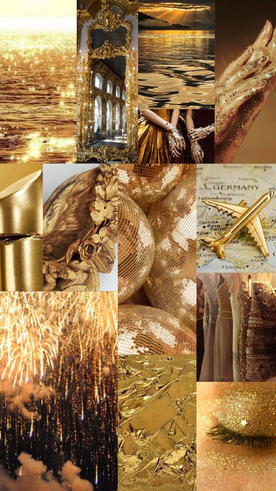 A collage of gold images including a golden dragon, gold fireworks, a golden castle, and a golden dress. - Gold