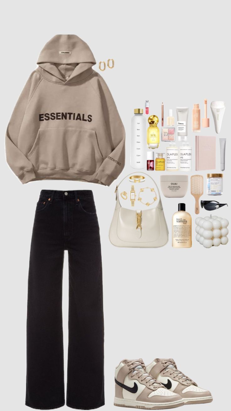 A beige hoodie that says essentials on it, black jeans, a white purse, and sneakers. - New Balance