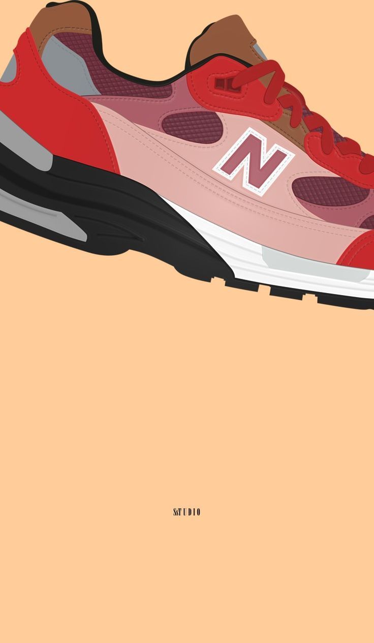 A print of a pair of New Balance sneakers in red, pink, and grey on a peach background - New Balance