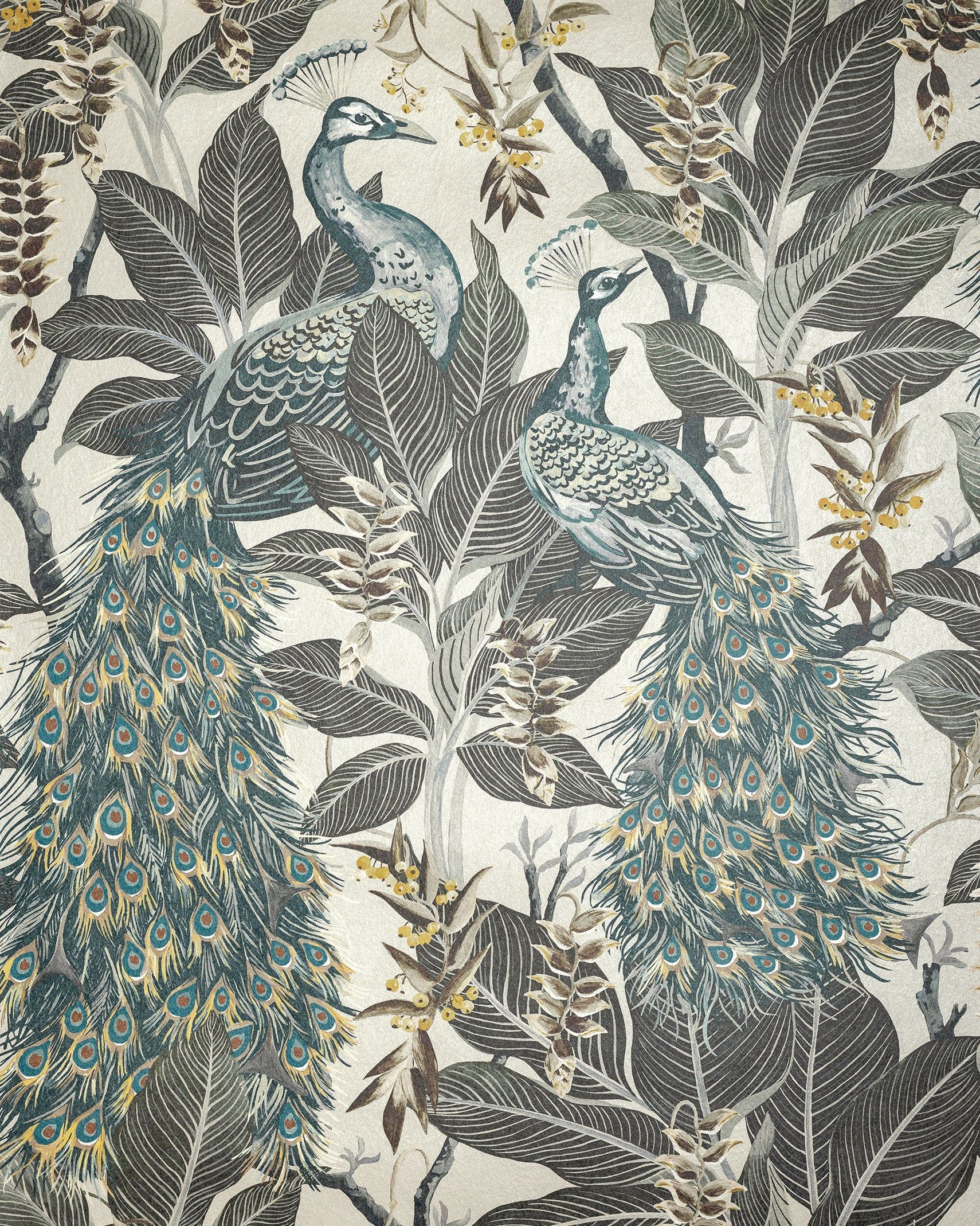 Royal Peacock wallpaper with a grey background and peacocks and foliage - Peacock