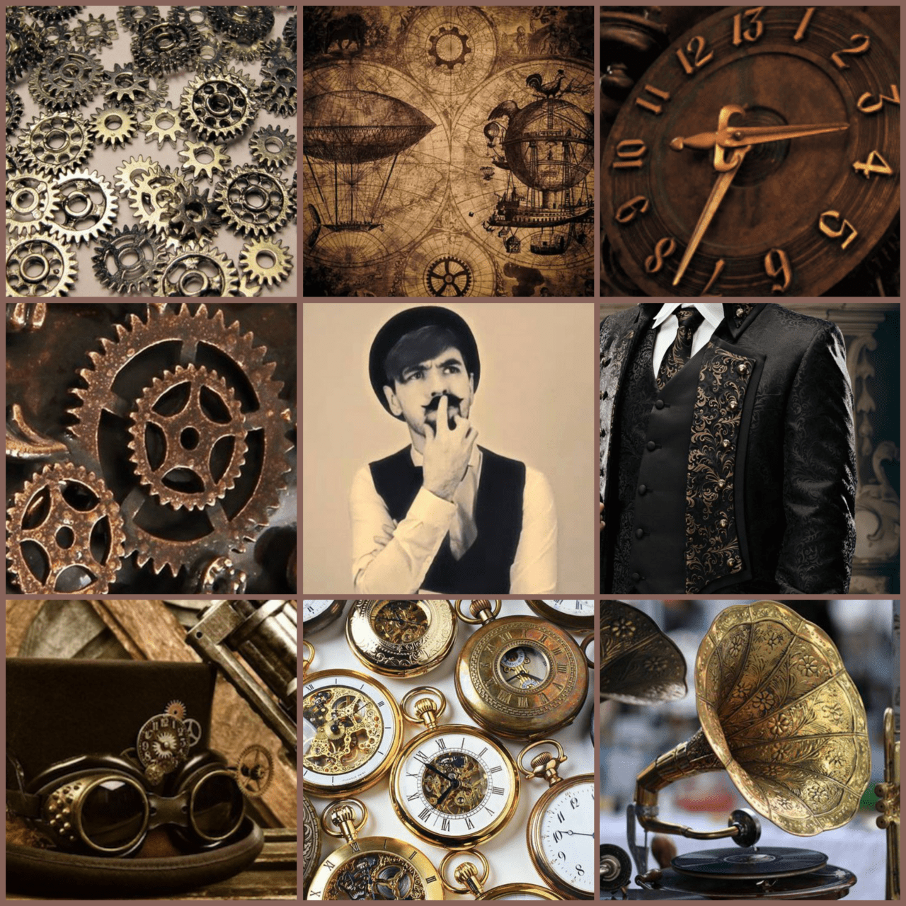 A collage of images of clocks, gears, and steampunk clothing - Steampunk