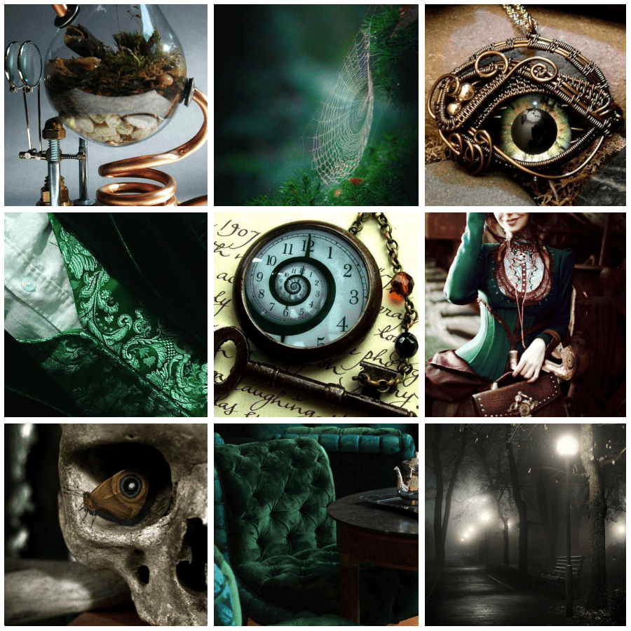 A mood board featuring images of clocks, lace, a skull, a green bottle, and a foggy street. - Steampunk