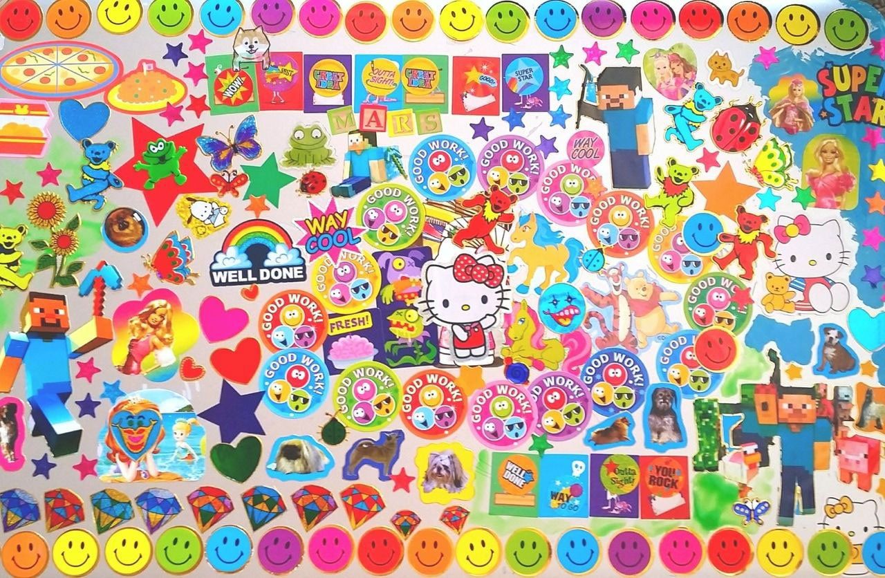 A wall of stickers in the classroom - Kidcore