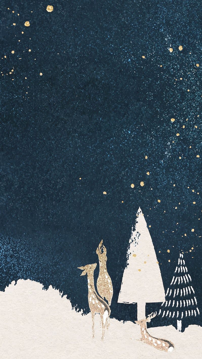 Christmas wallpaper of a deer and a fox under a starry sky - Christmas iPhone