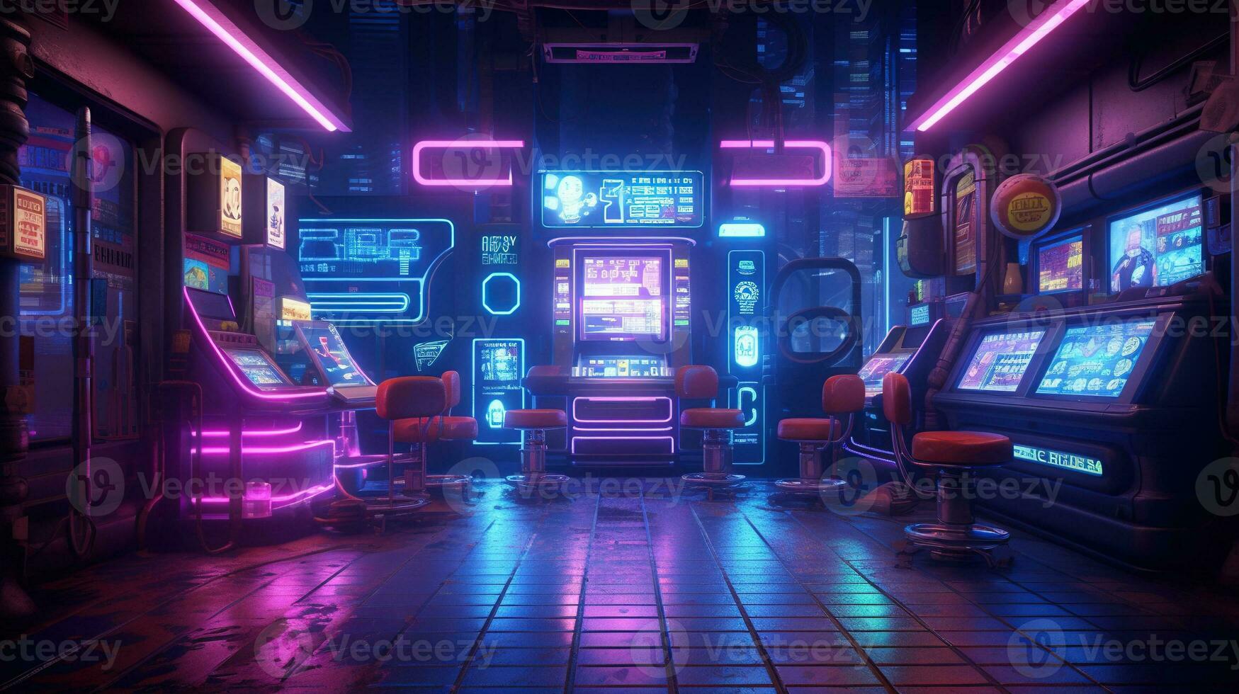Slot machines in a futuristic game room photo - Arcade