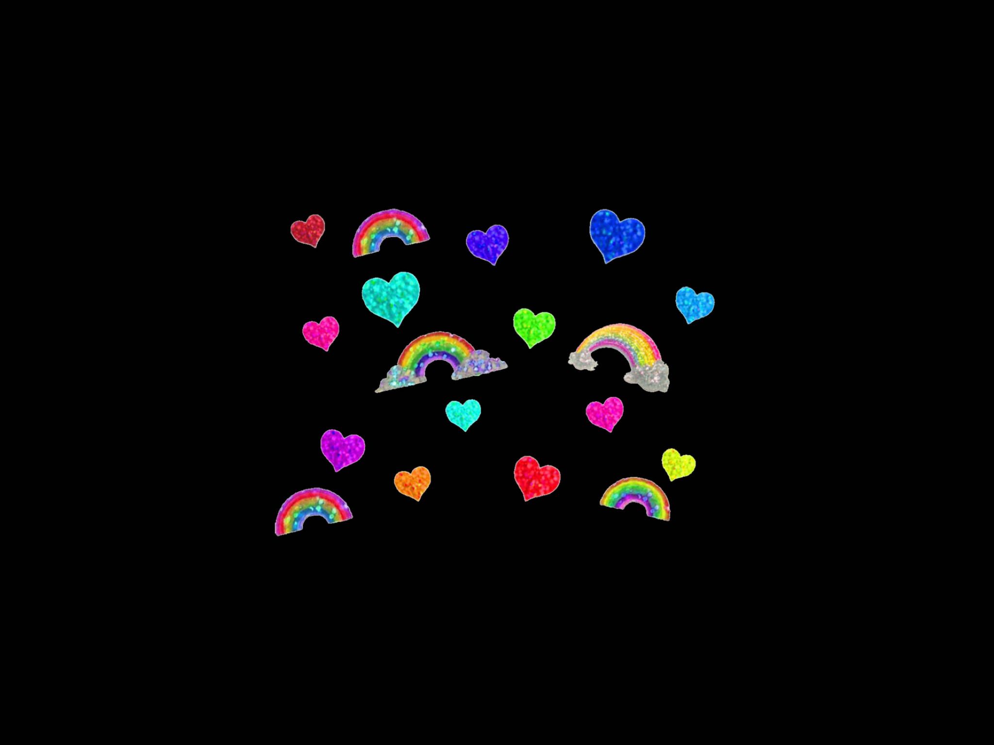 A group of hearts and rainbows on black background - Kidcore