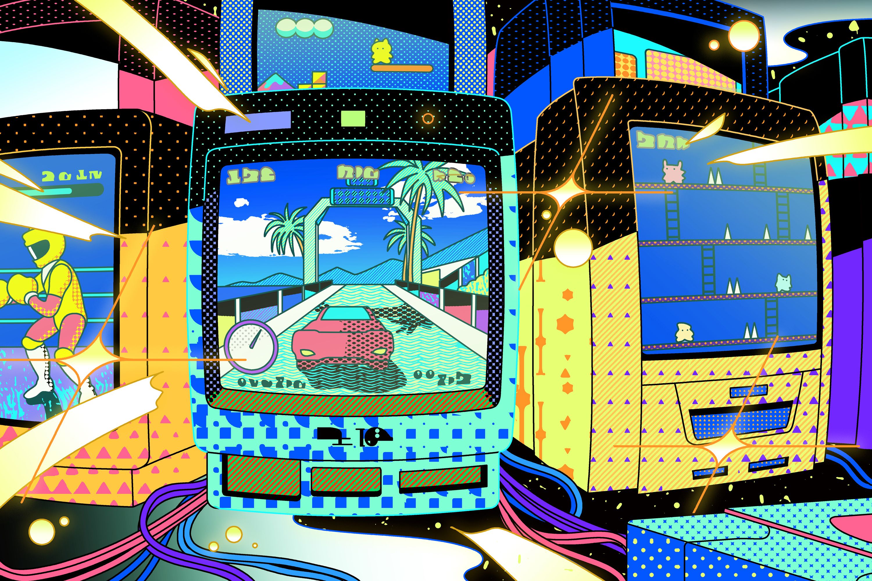 An illustration of three different arcade games. - Arcade