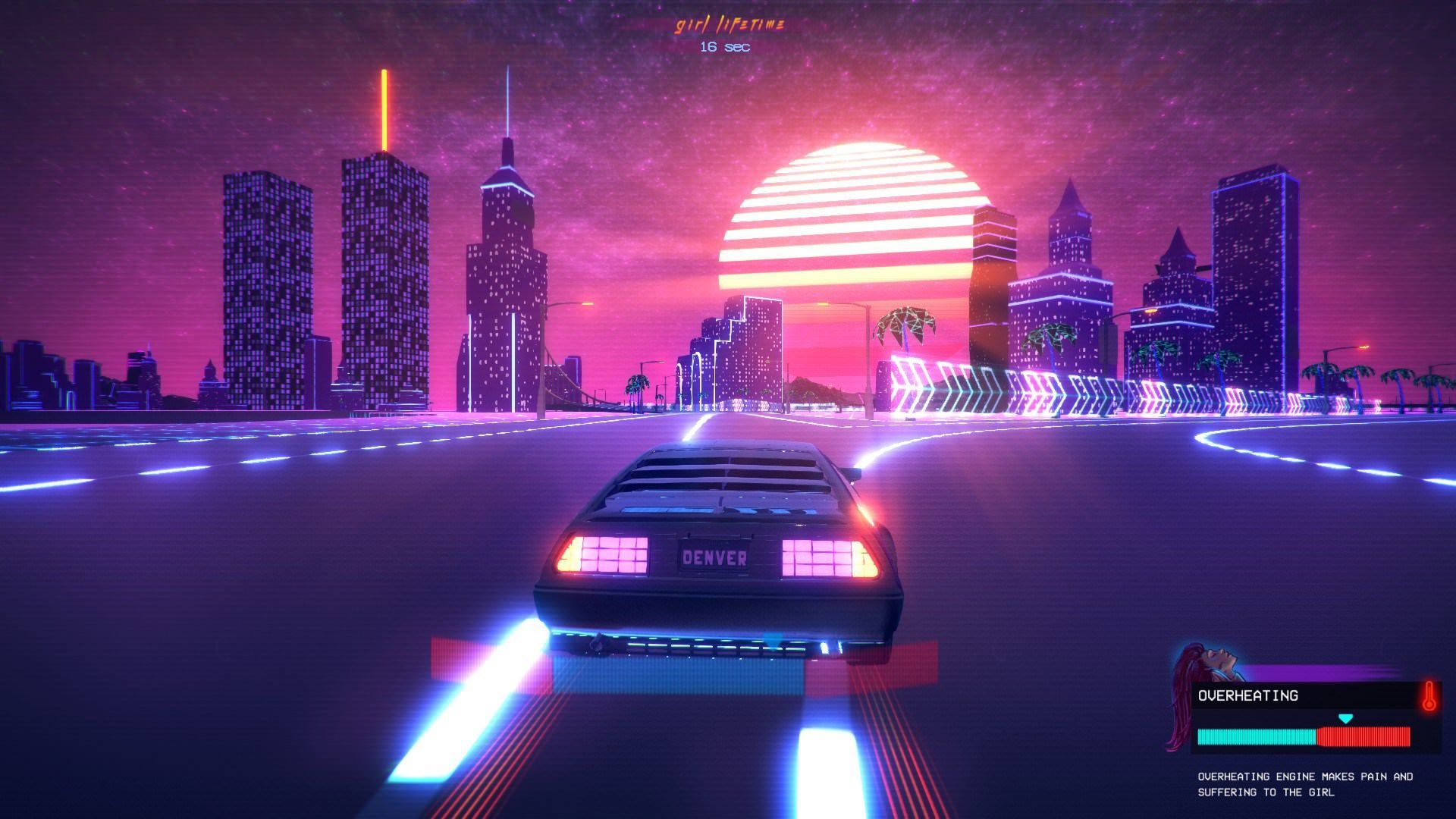 A car races down a road with a cityscape in the background. - Vaporwave