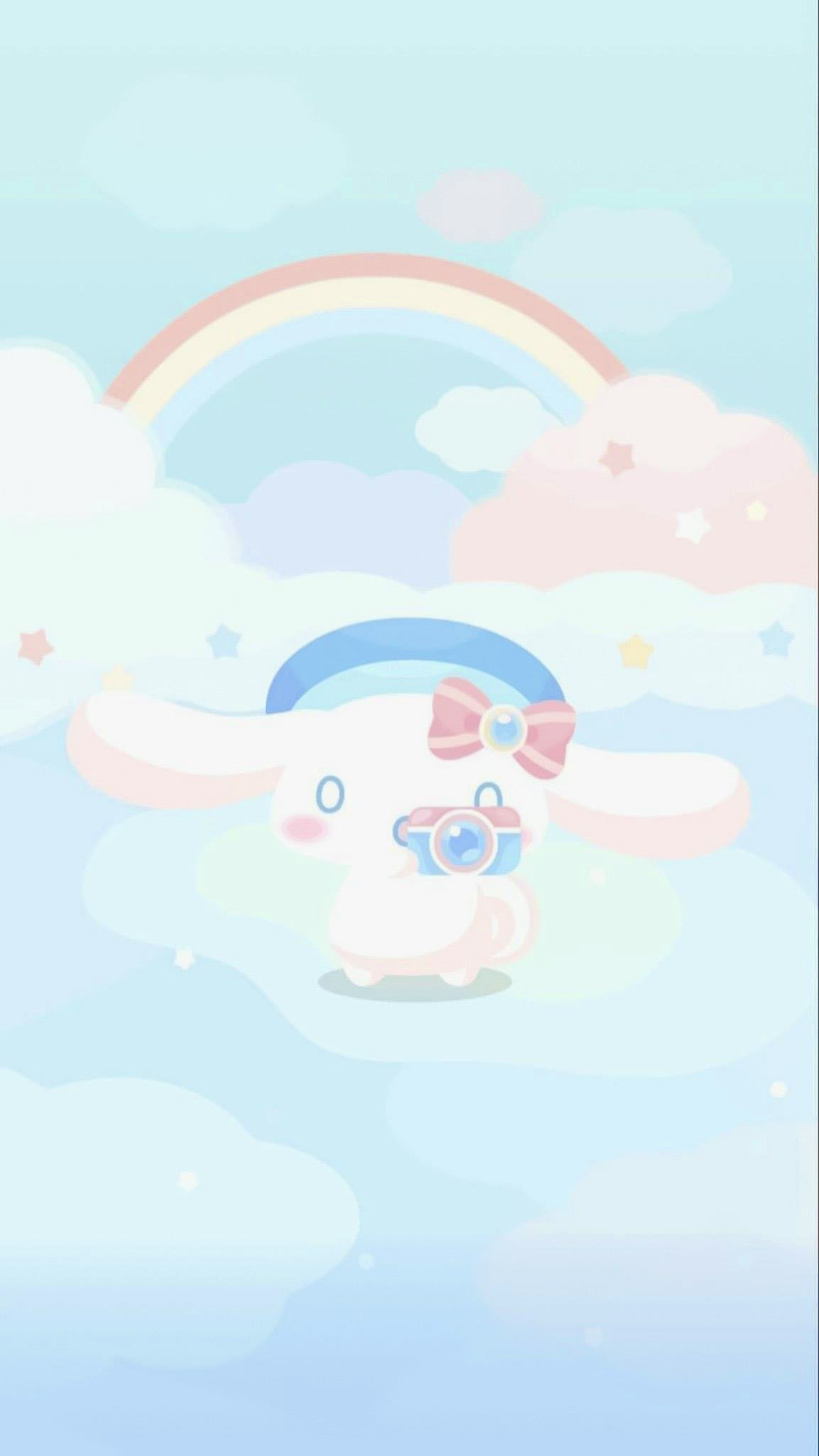 A kawaii wallpaper of a white rabbit taking a picture in the clouds. - Cinnamoroll