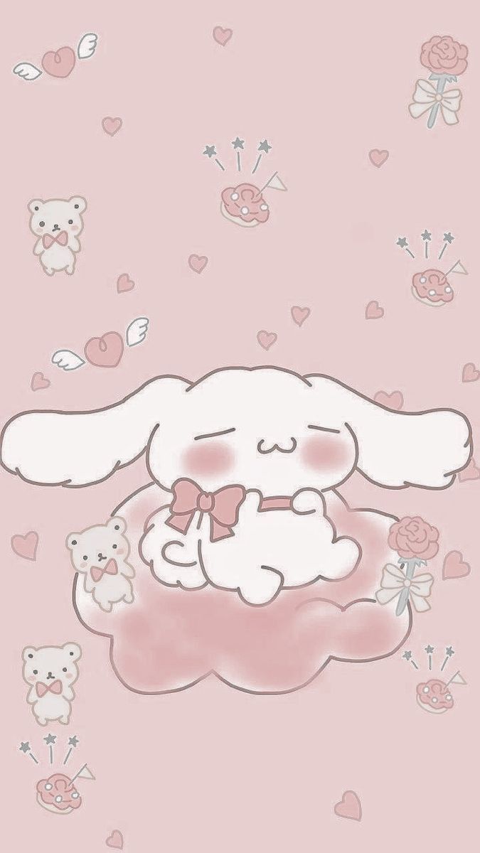 A cute wallpaper of a bunny with a bow on a pink background - Cinnamoroll