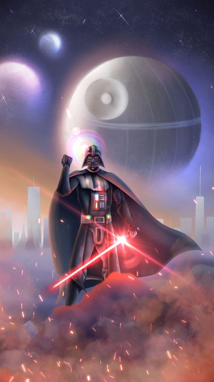 Darth Vader with a lightsaber in front of a city. - Darth Vader