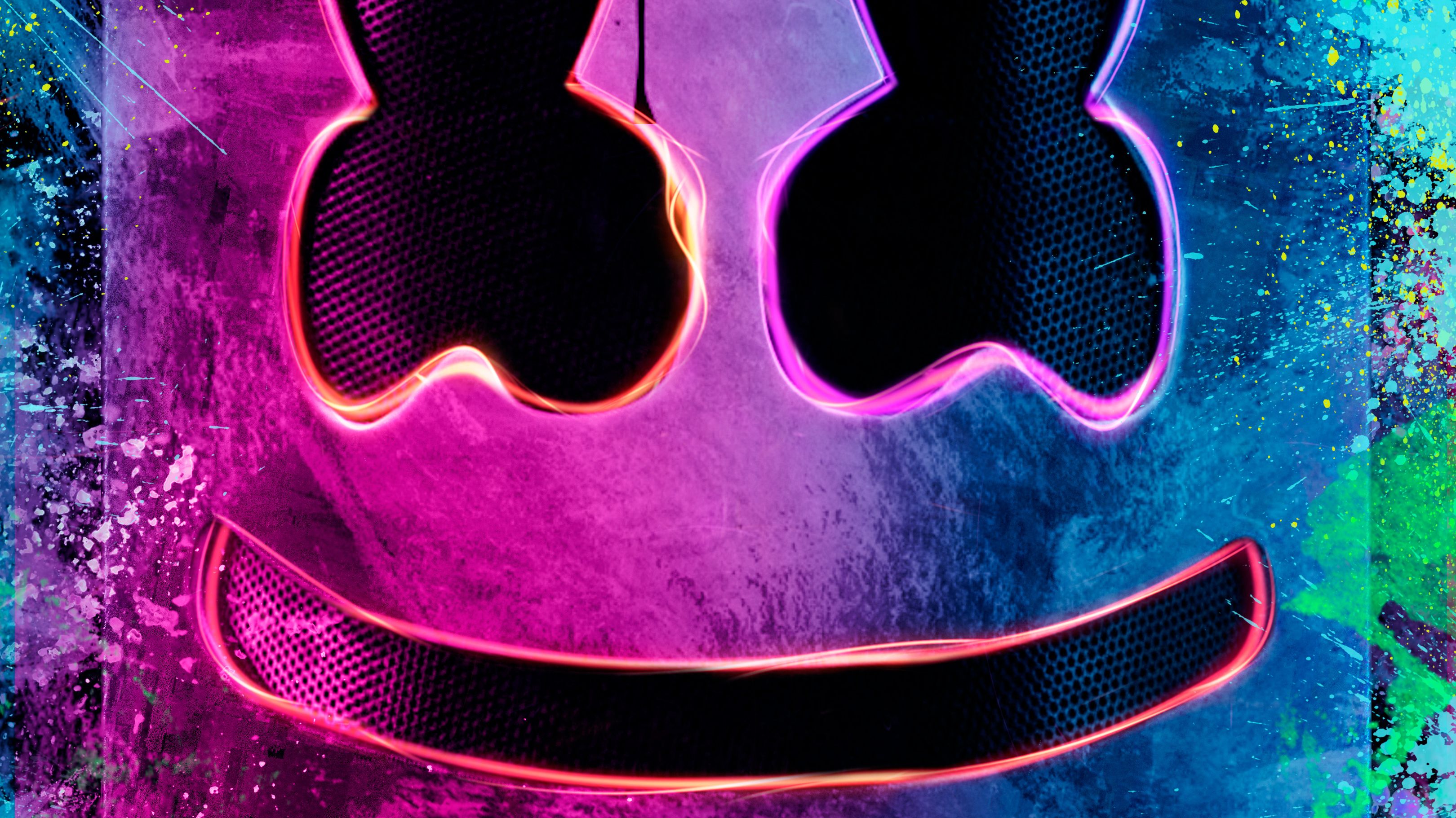 Marshmello's logo in neon pink and purple on a black background - Marshmello