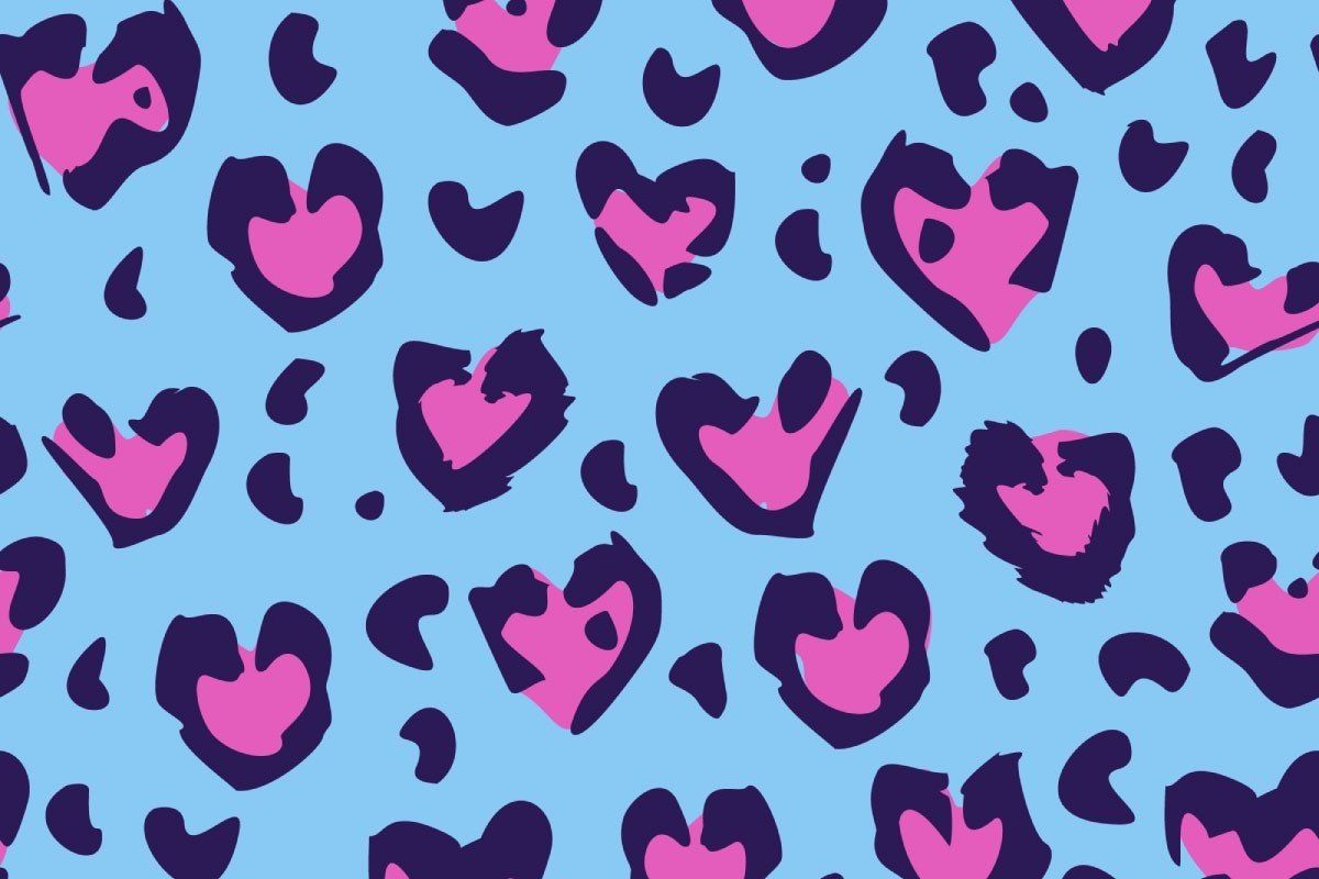 A blue background with purple hearts that are jagged on the edges. - Leopard