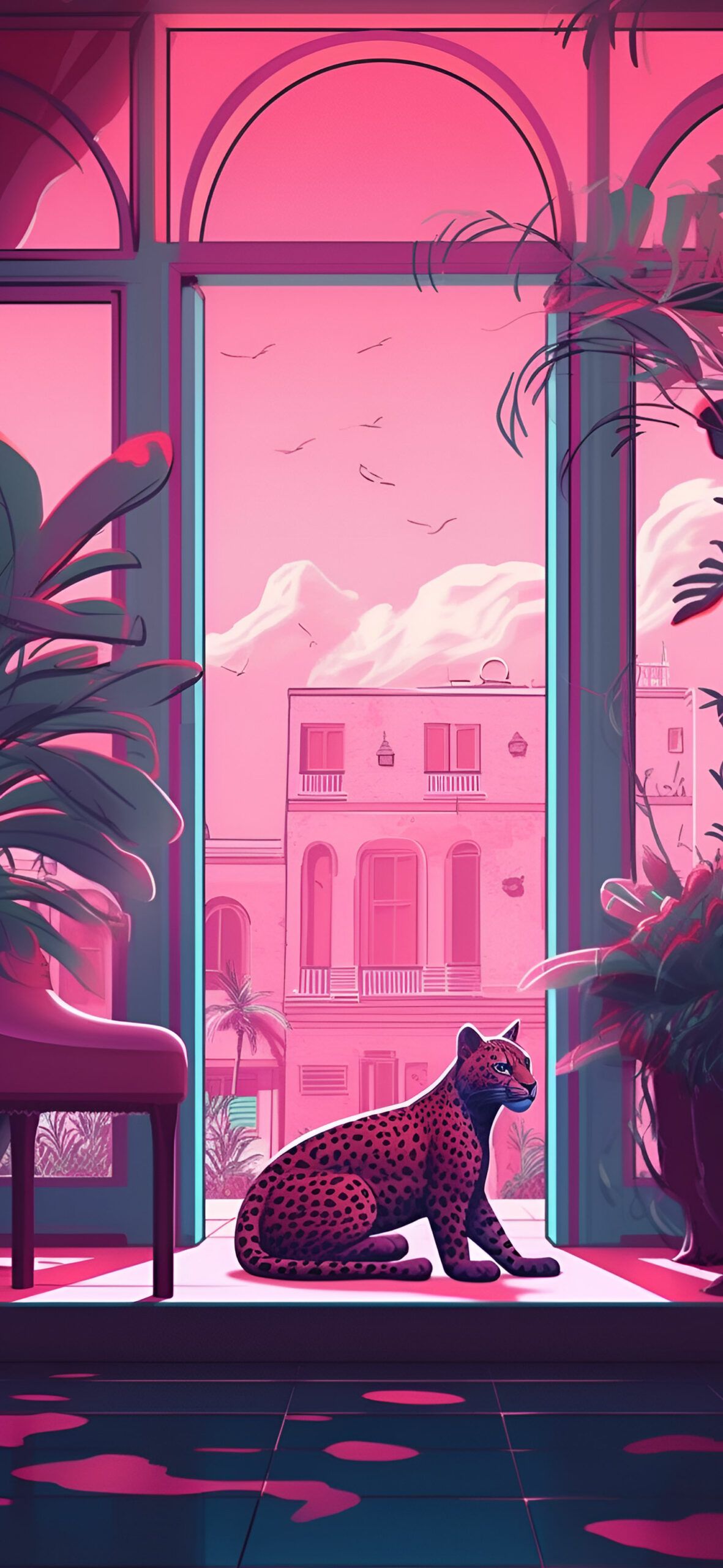 Pink sky, leopard, window, plant, iPhone wallpaper - Leopard
