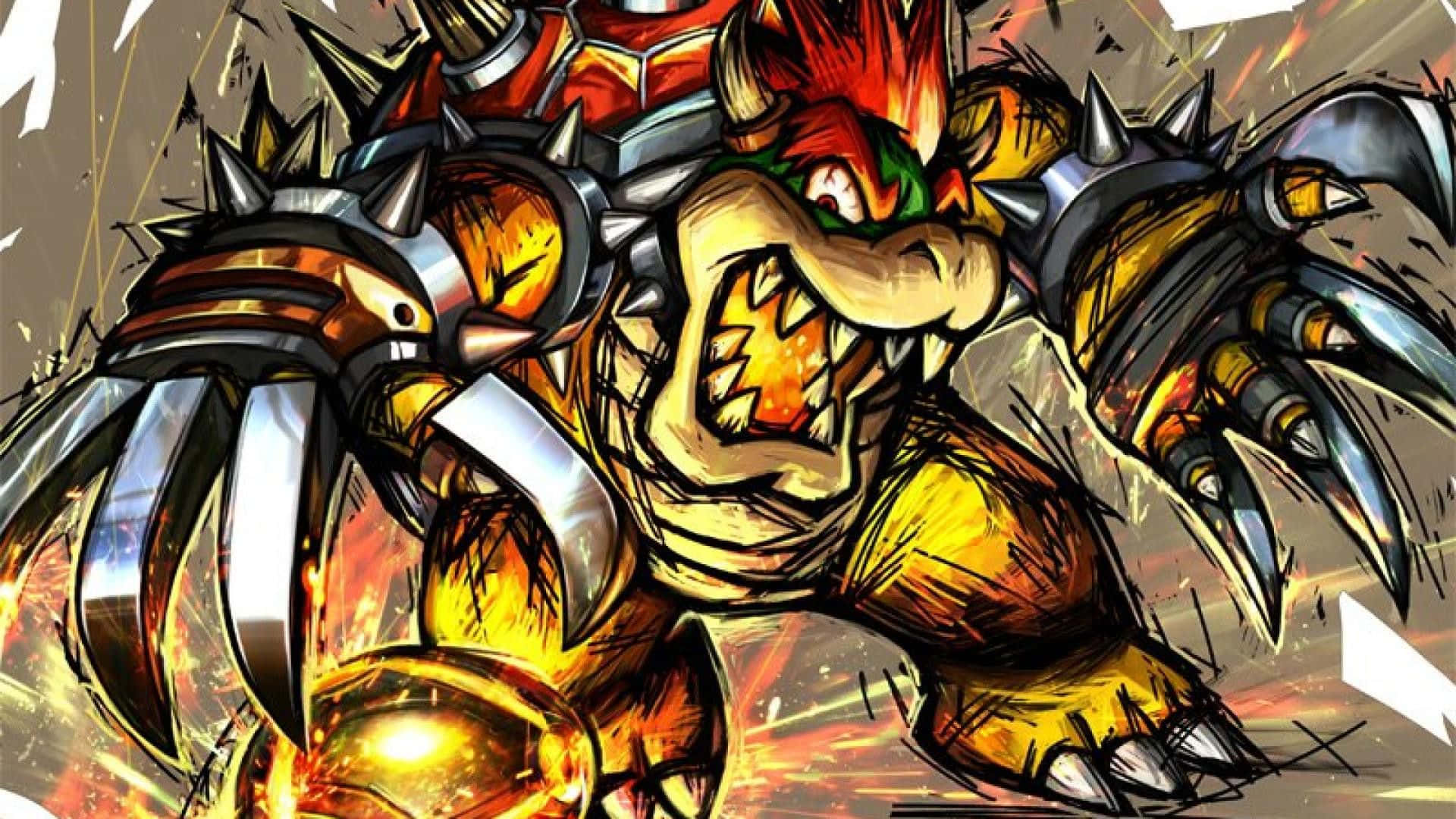 Download Bowser, the iconic video game villain, dominating the frame in fierce pose. Wallpaper. - Bowser