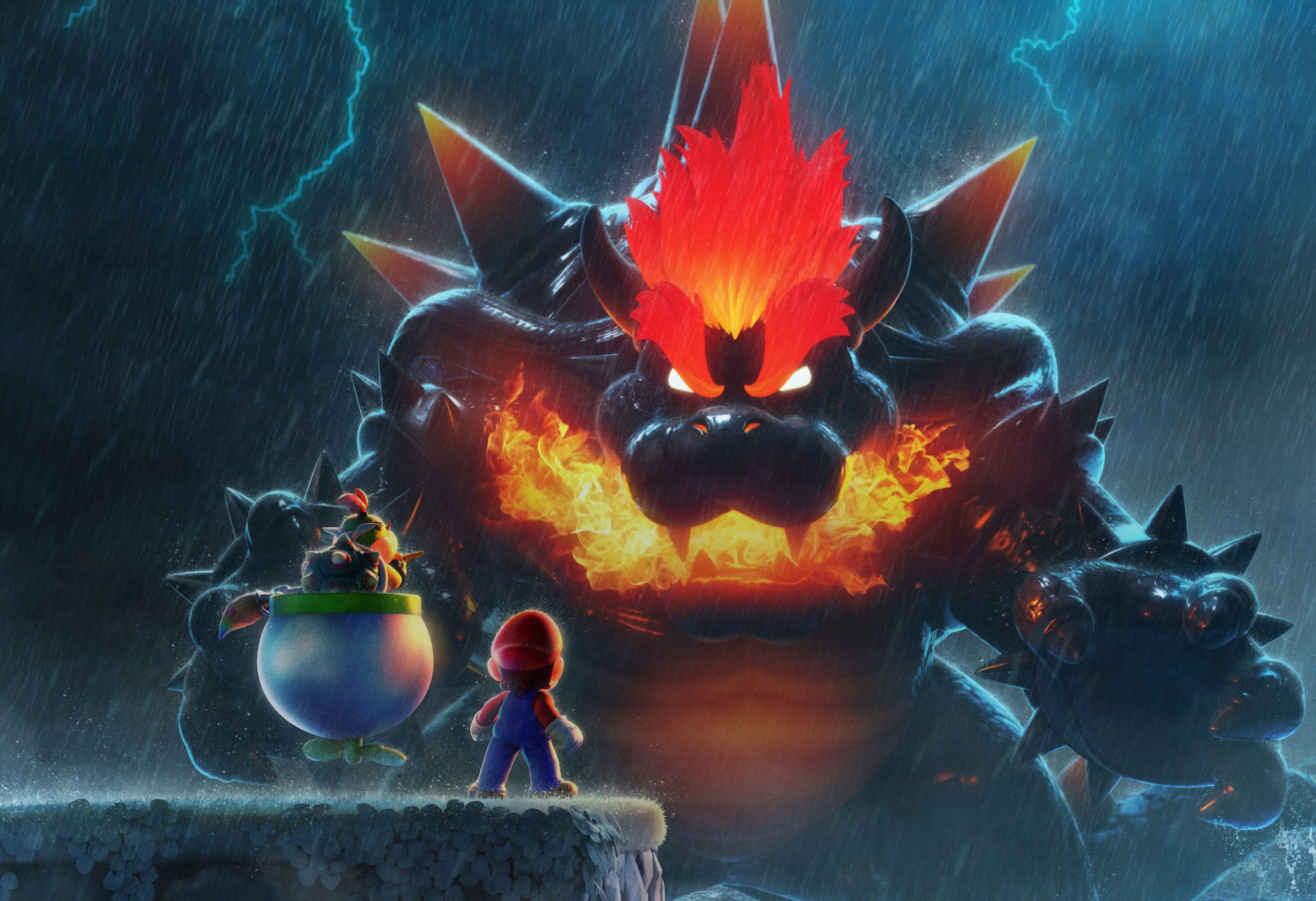 A scene from Super Mario 3D World + Bowser's Fury, featuring Mario and Bowser Jr. in a dark, stormy setting. - Bowser