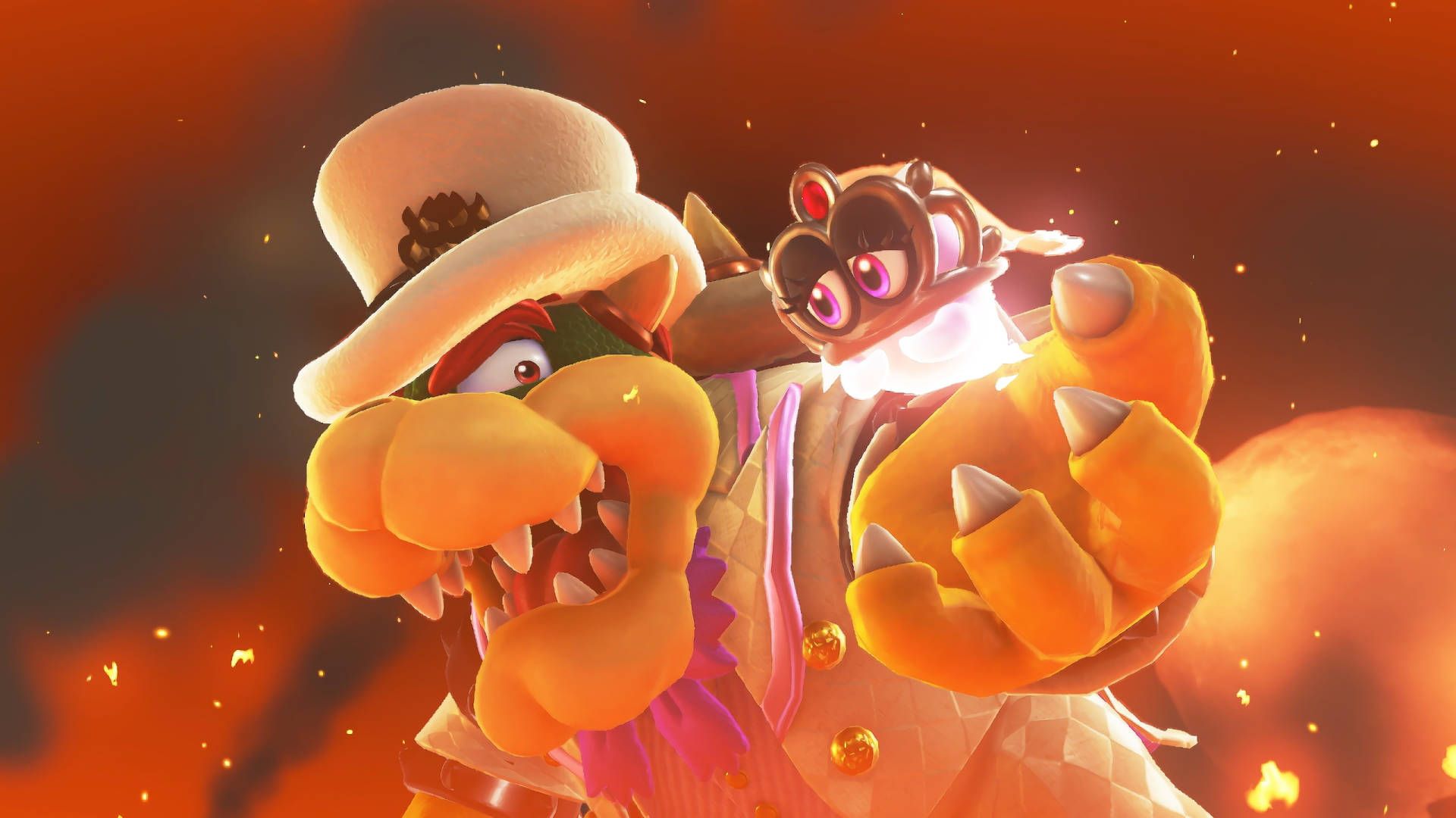 Bowser is wearing a white suit and hat in this image - Bowser