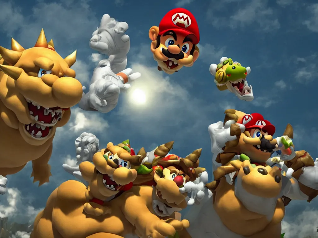 Bowser, with his arms in the air, surrounded by his children. - Bowser