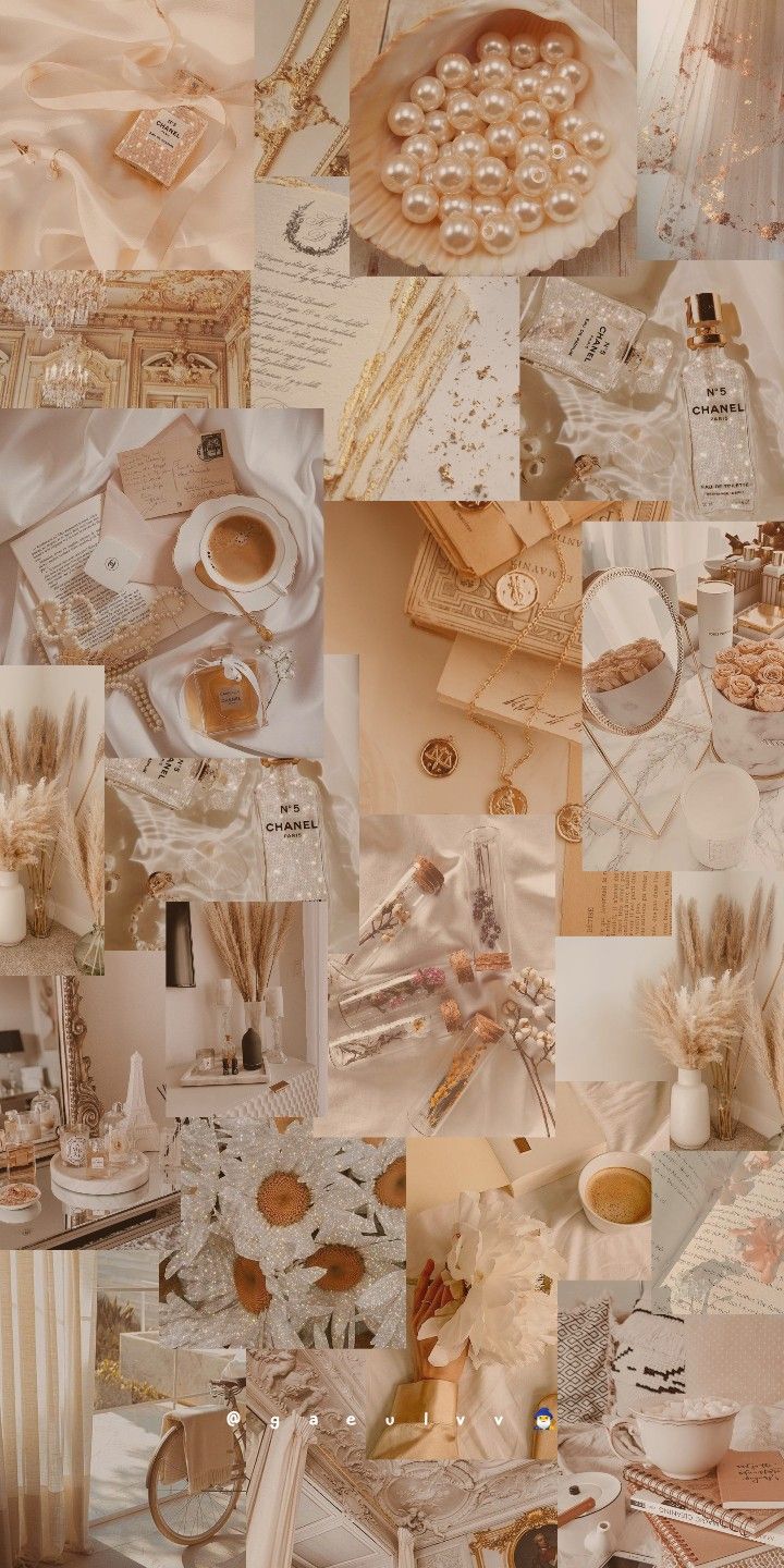 Aesthetic collage of beige and white items such as books, a cup of coffee, and pearls. - Gold