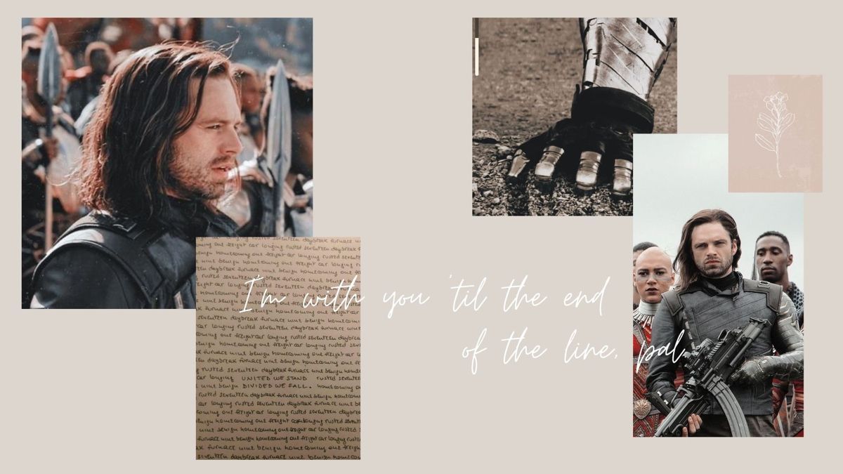 Collage of images of Bucky Barnes, a white man with long brown hair, and his Winter Soldier costume. There is also a book page that says 