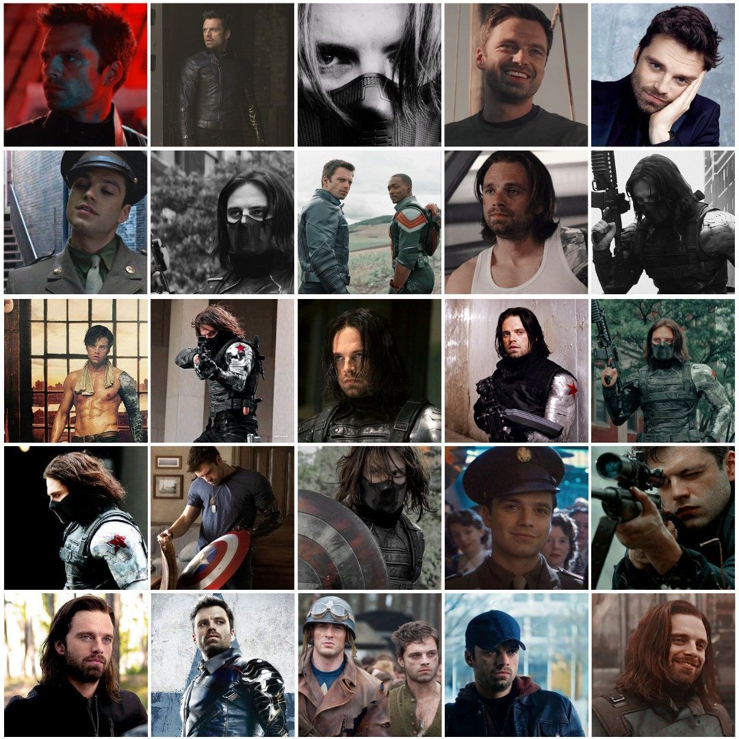 A collage of Bucky Barnes from the Marvel Cinematic Universe. - Bucky Barnes