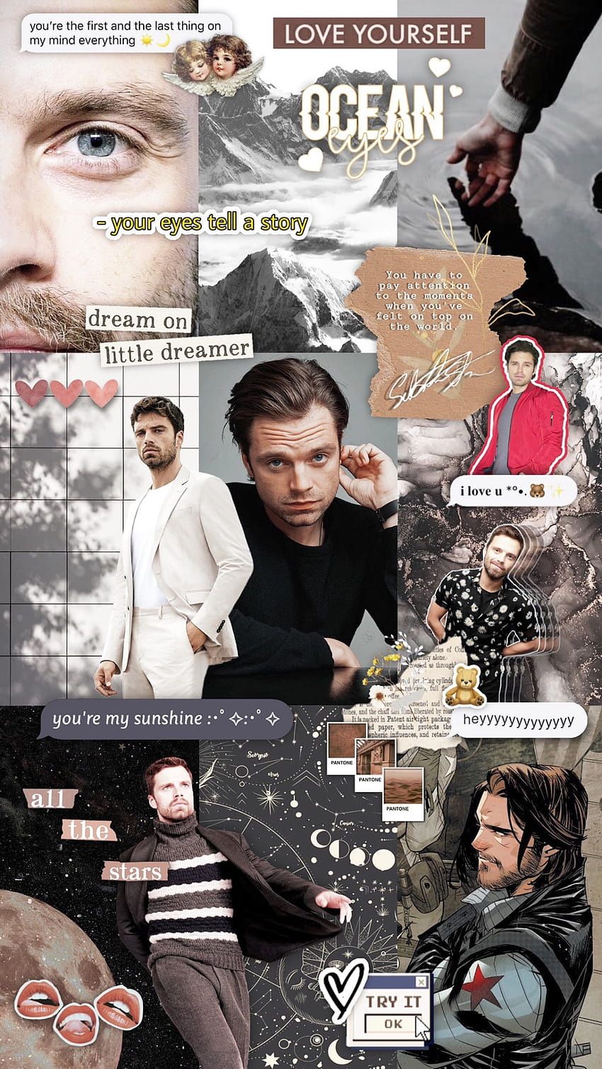 A collage of Sebastian Stan as Bucky Barnes, with the words 