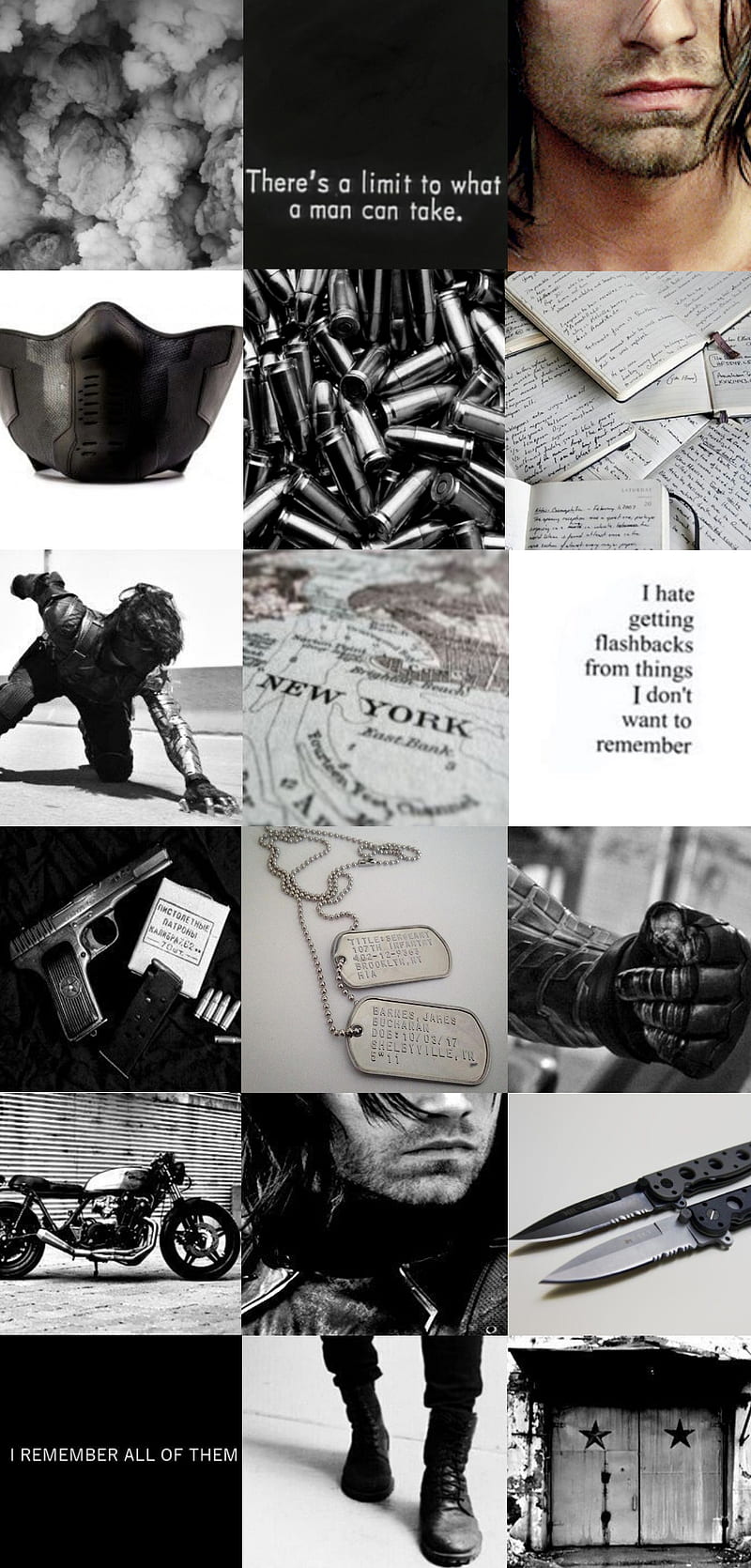 Winter Soldier Aesthetic.<ref> Black and white aesthetic</ref><box>(5,10),(993,992)</box>, with some red and gold accents. - Bucky Barnes