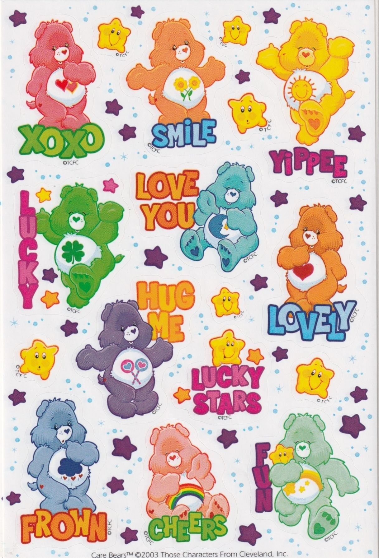 A sticker sheet with the Care Bears and their messages - Care Bears