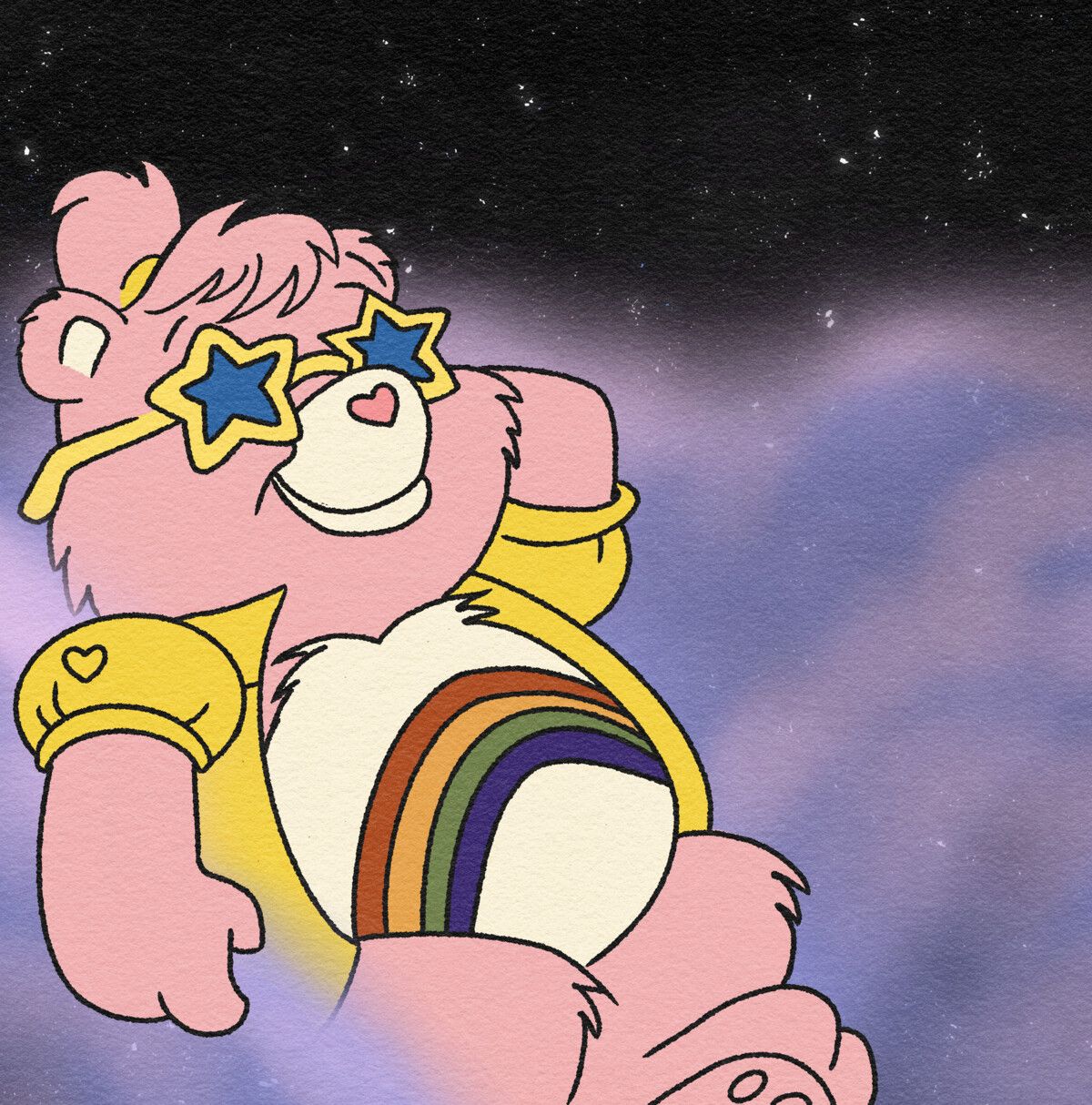A pink bear with rainbow hair and a rainbow bow tie, standing in front of a starry sky. - Care Bears