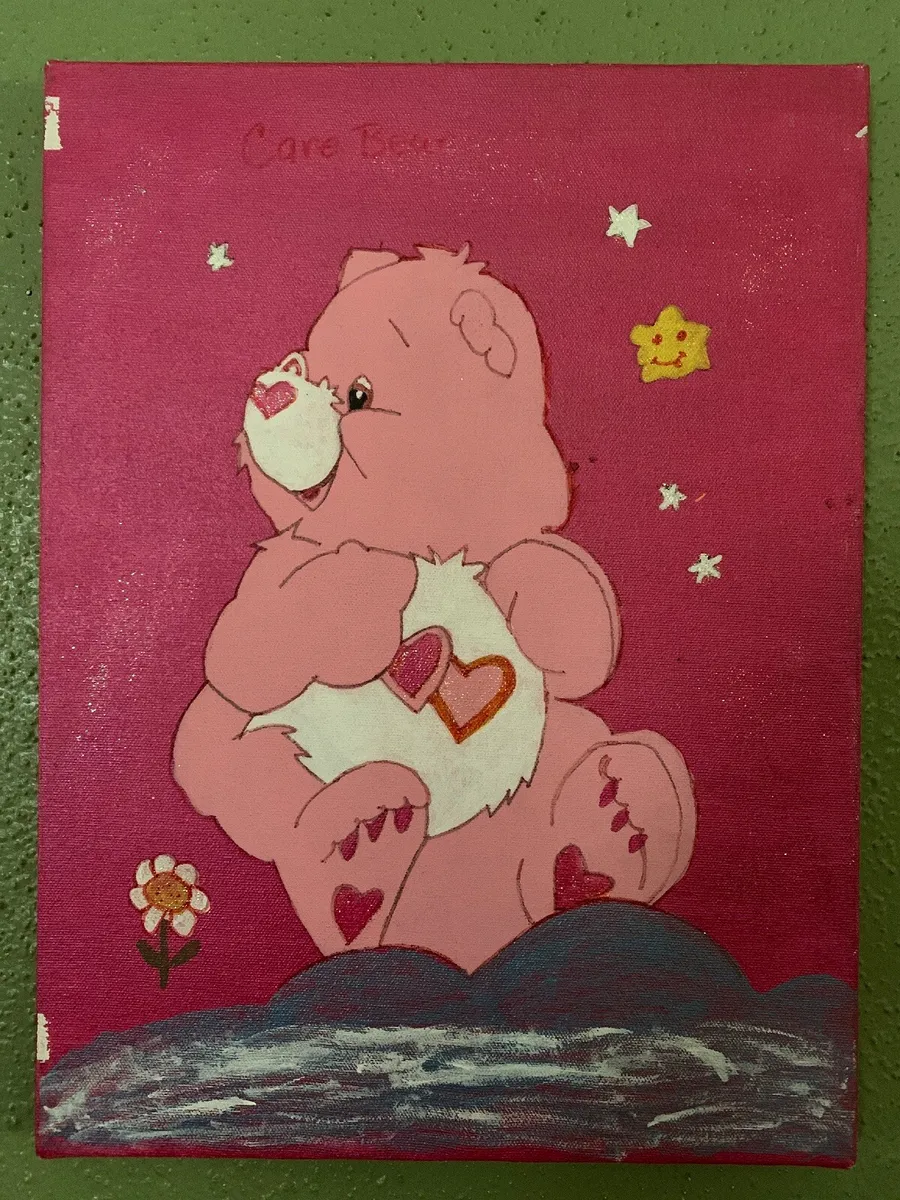 A painting of a pink bear holding a heart. - Care Bears