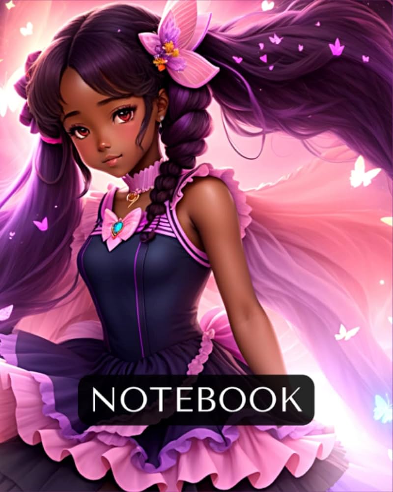 Notebook: Auroracore Aesthetic Black Anime Girl Character With Melanin African American Indian Hispanic Diaspora With Butterflies Animecore Journal: Meadows, Majestic: Books