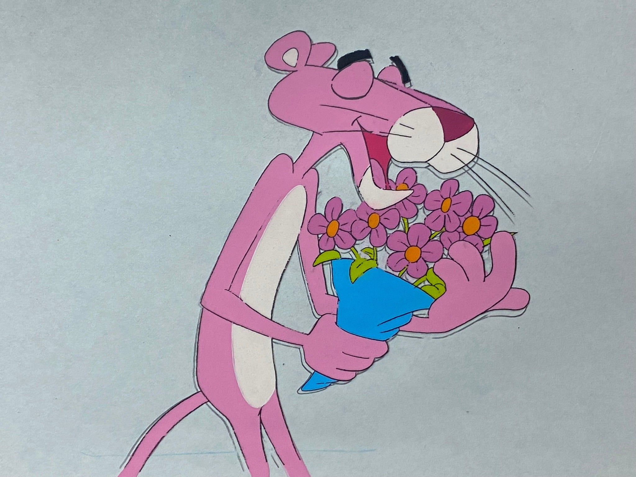 Pink Panther with flowers, original animation cel and drawing. - Pink Panther