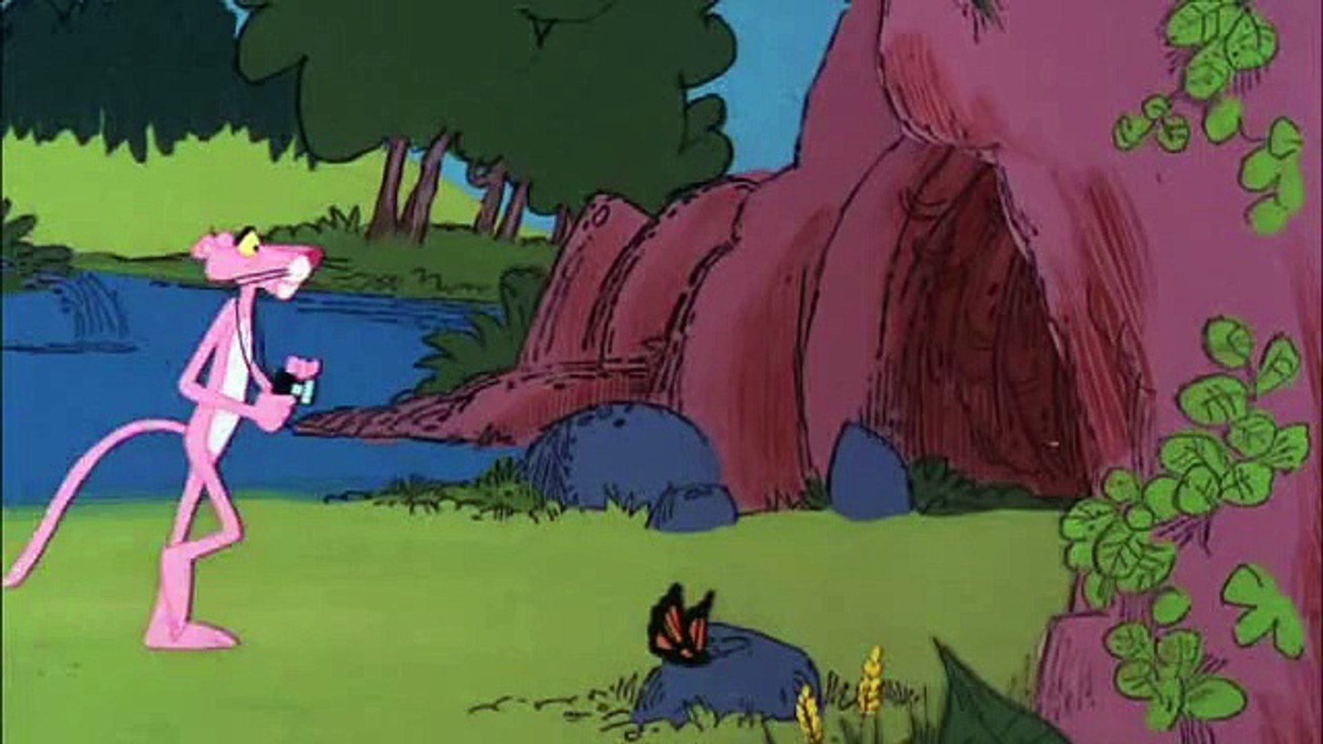 The Pink Panther in the 1964 animated series, Pink Panther in Paris, looking at a small black cat. - Pink Panther