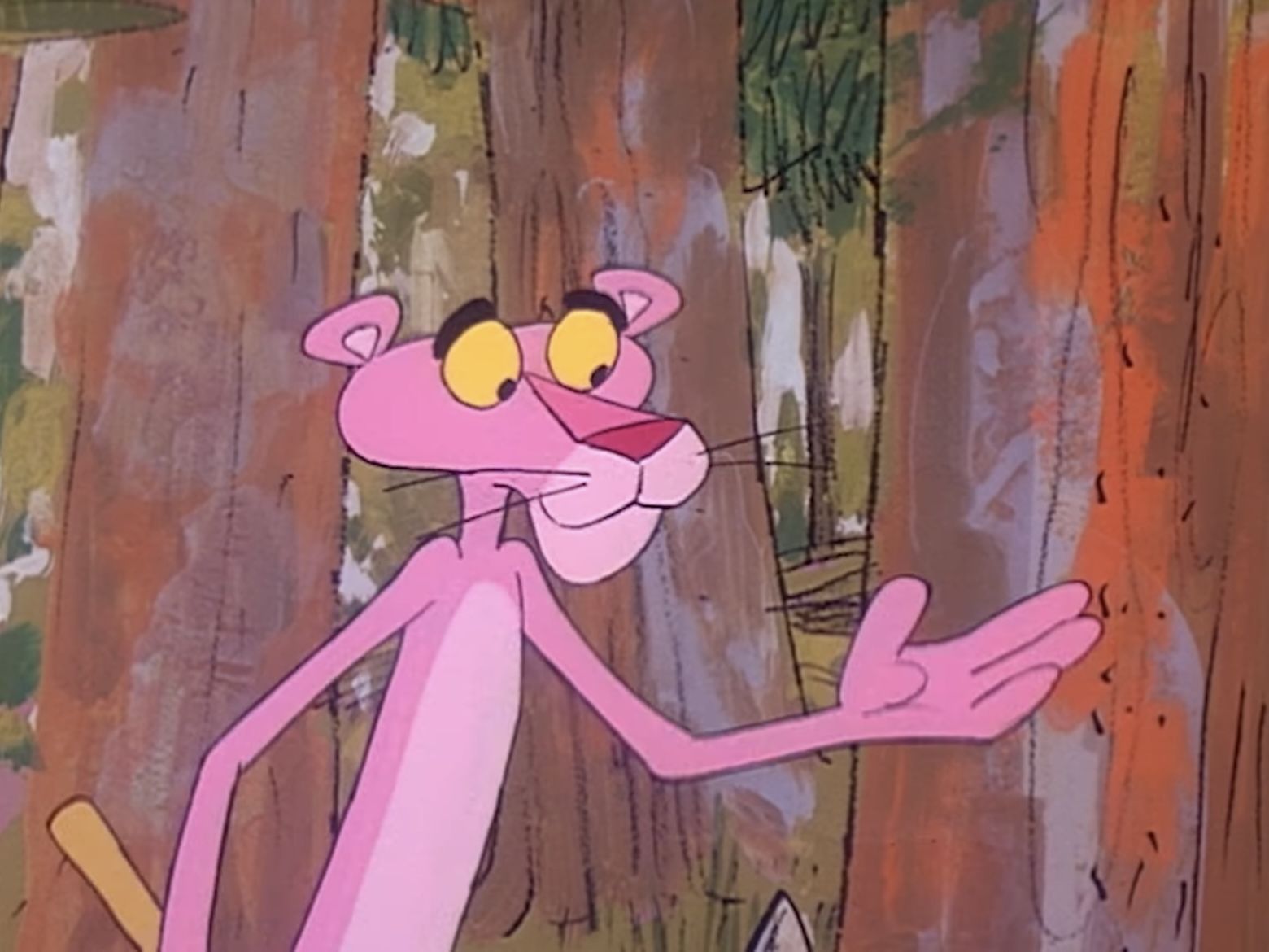 The Pink Panther in a forest, holding his paw out as if to shake. - Pink Panther
