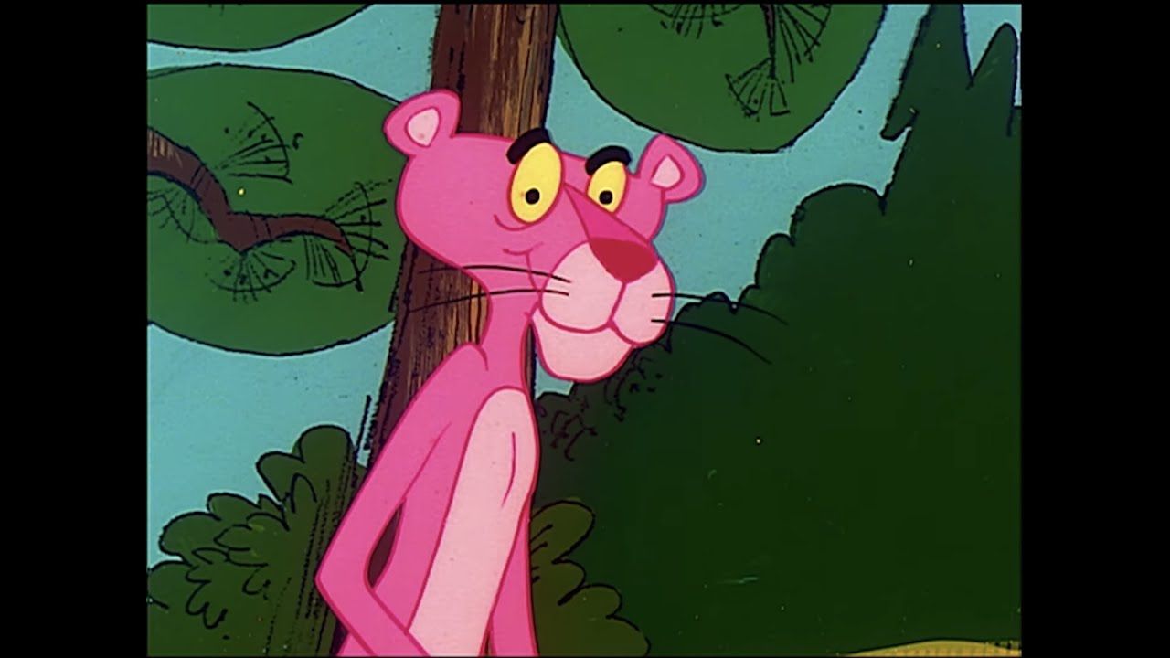 The Pink Panther in the woods, looking around a tree. - Pink Panther