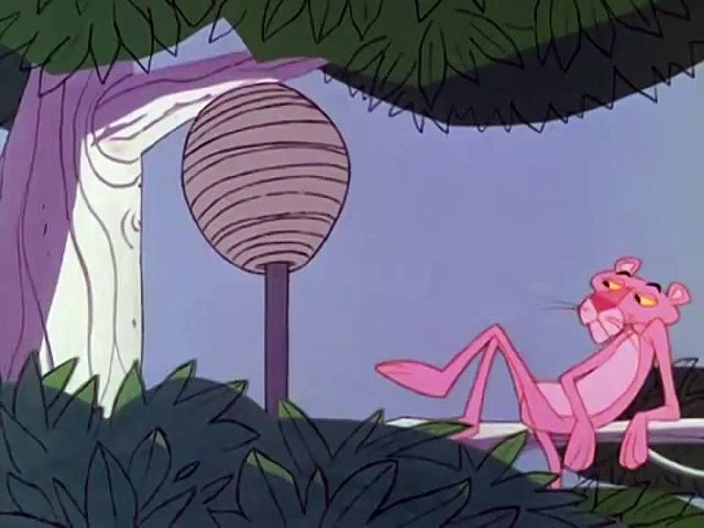 The Pink Panther in a pink tuxedo, sitting on a tree branch - Pink Panther
