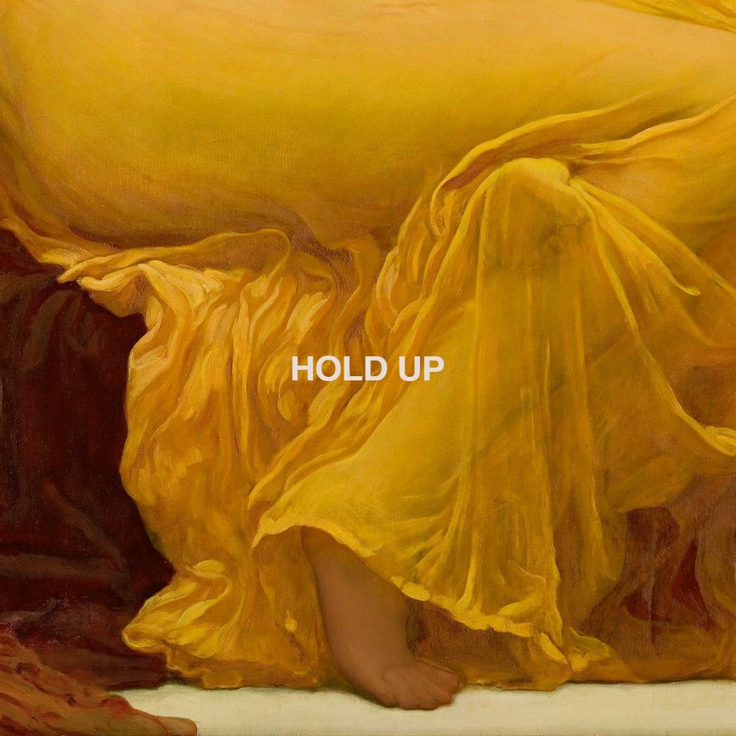 A painting of a woman in a yellow dress with the words 