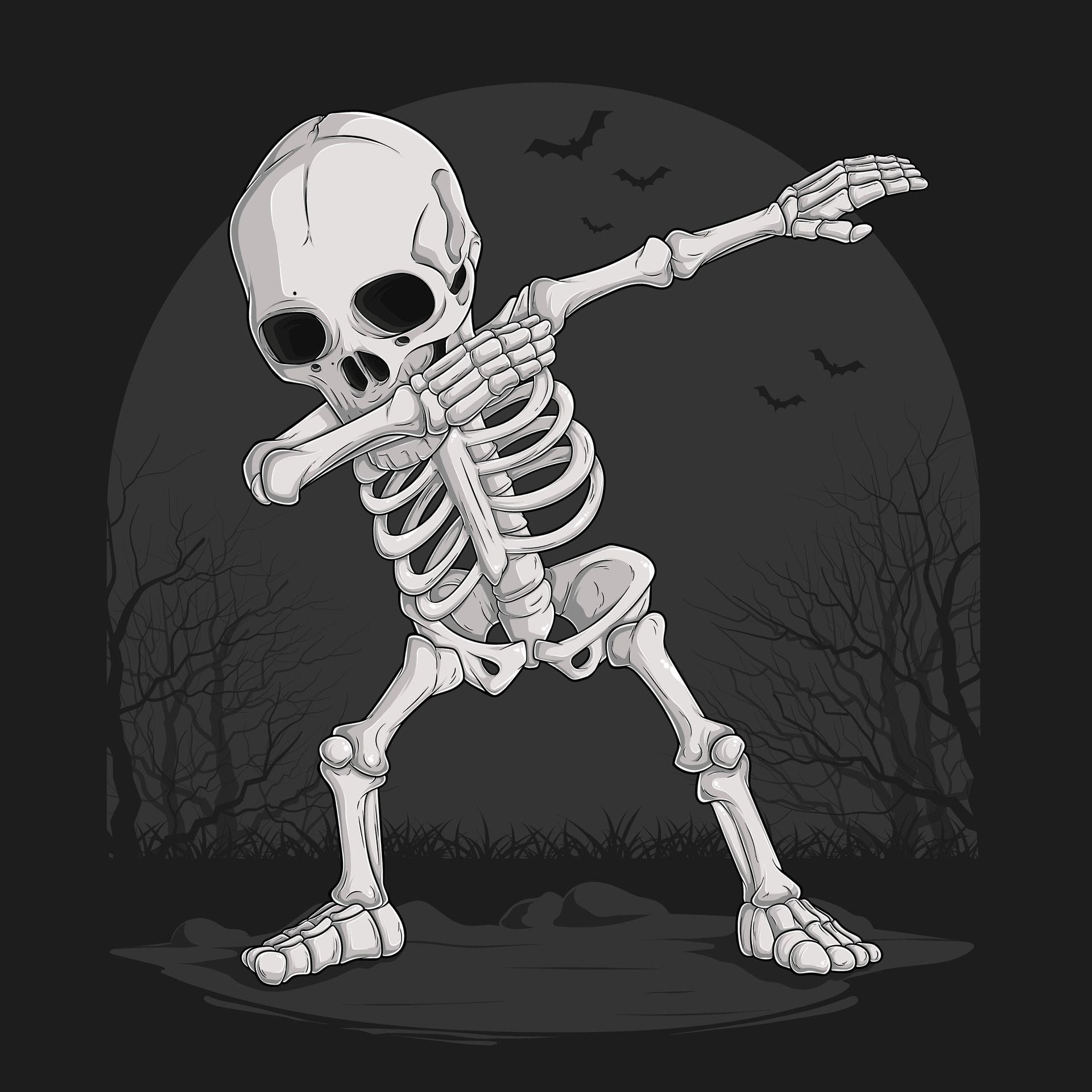 Hand drawn funny Skeleton doing dabbing dance, Halloween skull character dancing dab movement