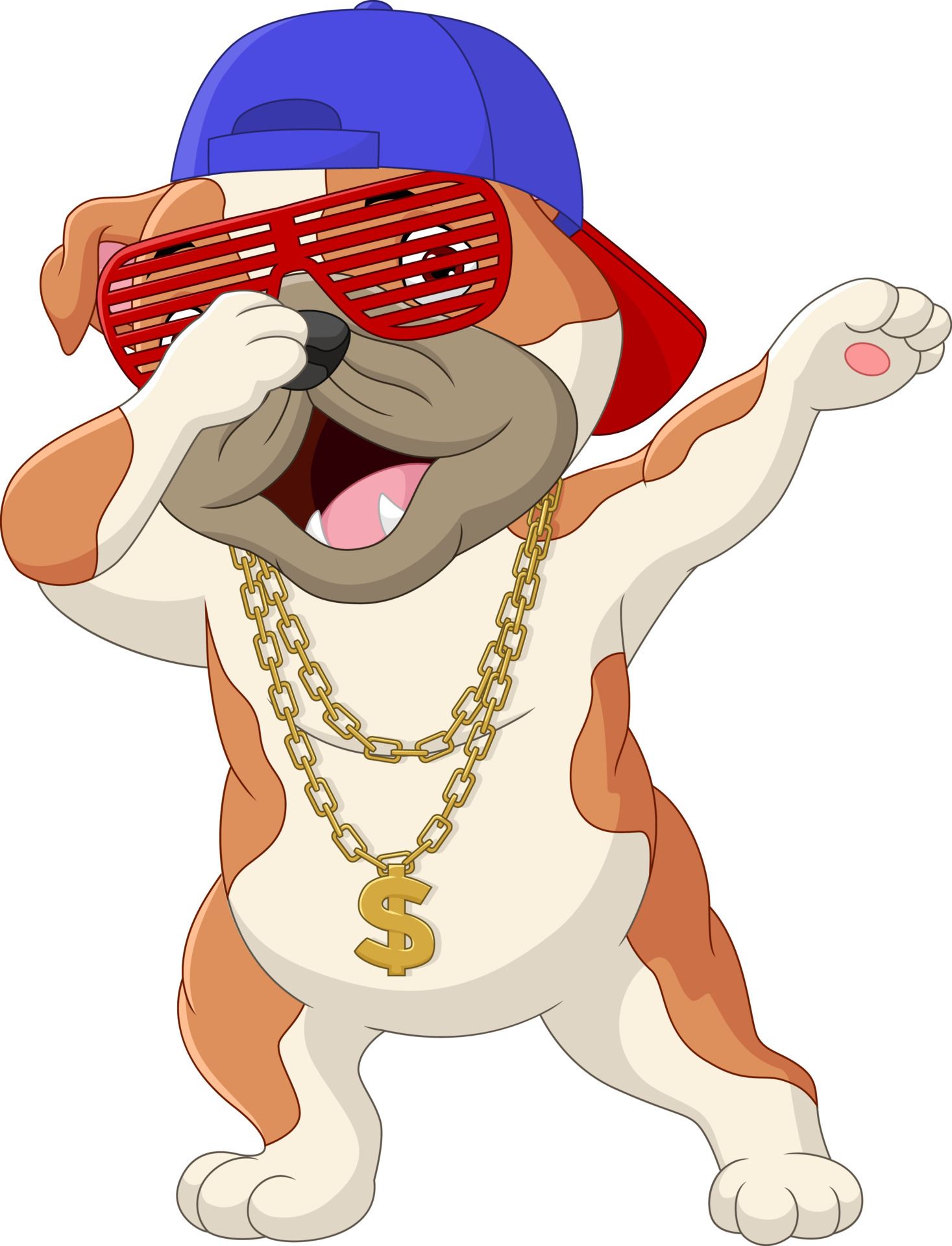 Cute dog dabbing dance wearing sunglasses, hat, and gold necklace