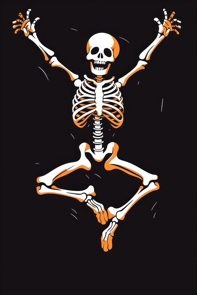 Skeleton illustration with arms and legs outstretched and a big smile - Dance, skeleton