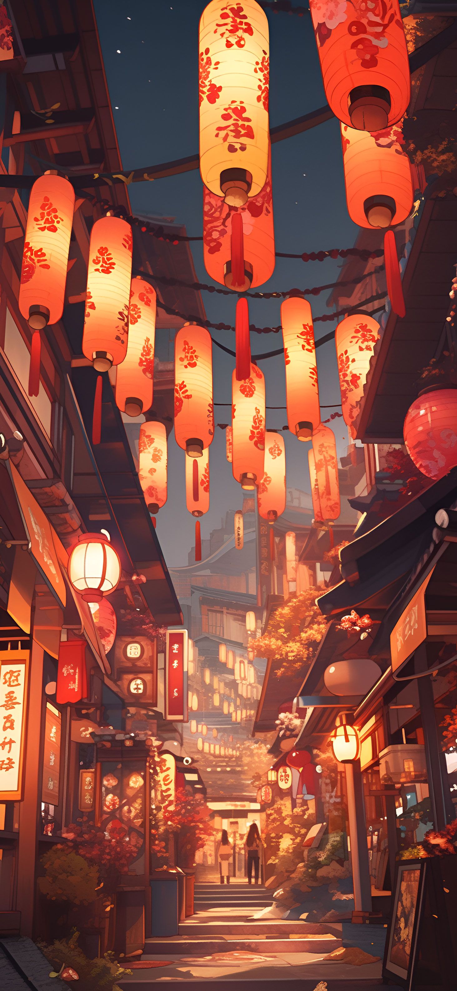 IPhone wallpaper anime street lanterns red night art. - Japan