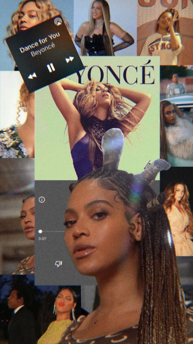 A collage of Beyoncé's album covers and pictures of her. - Beyonce
