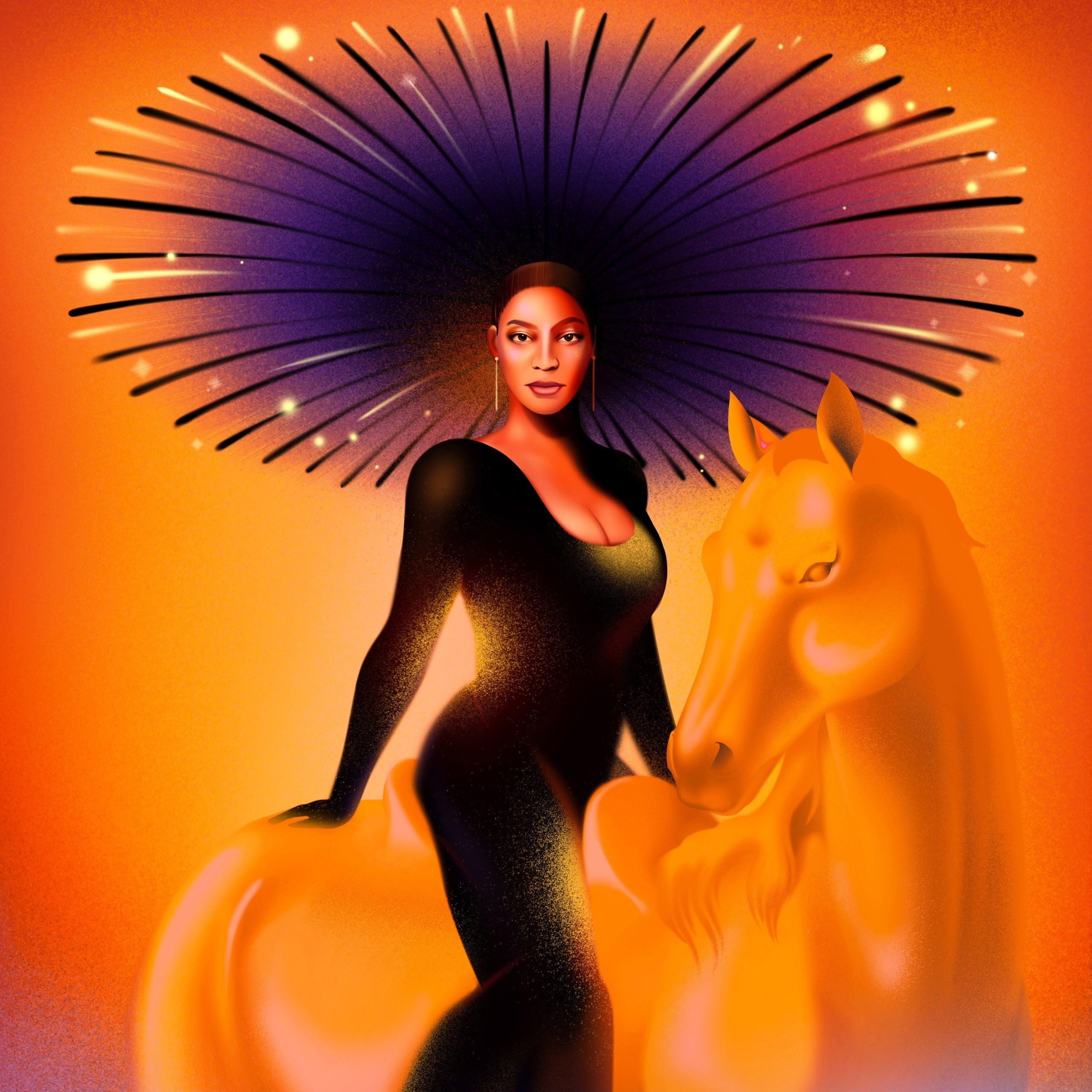 A woman in a black dress and a large sunhat sits on a golden horse. - Beyonce