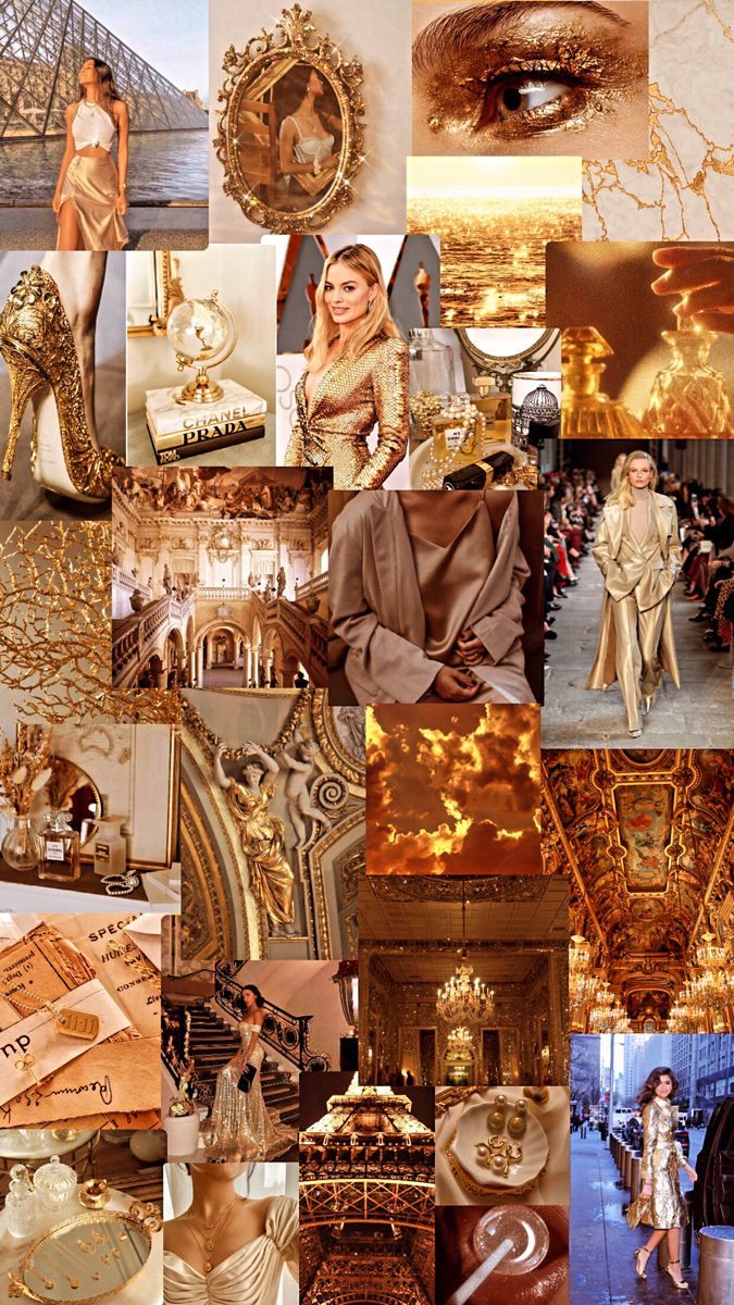 A collage of gold and brown images including shoes, dresses, makeup, and scenery. - Gold