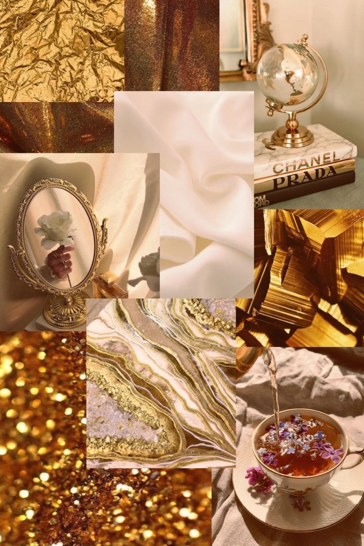 A collage of gold and marble images, including a cup of tea. - Gold