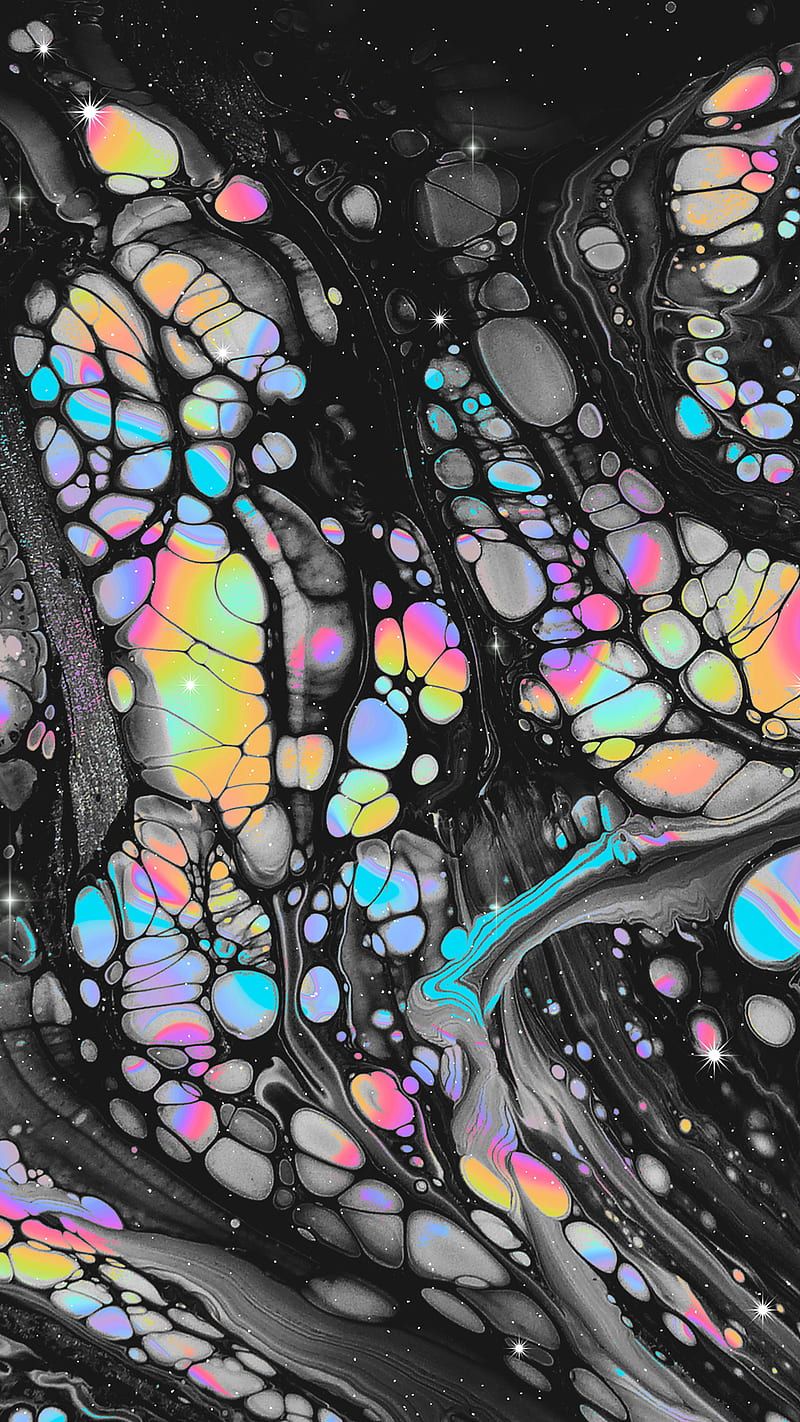 Abstract background with black and rainbow colors and a lot of bubbles - Iridescent