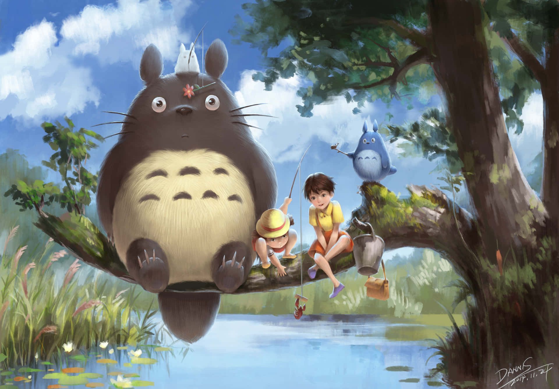 My Neighbor Totoro, 1988, directed by Hayao Miyazaki. Totoro and two children fishing on a tree branch. - My Neighbor Totoro